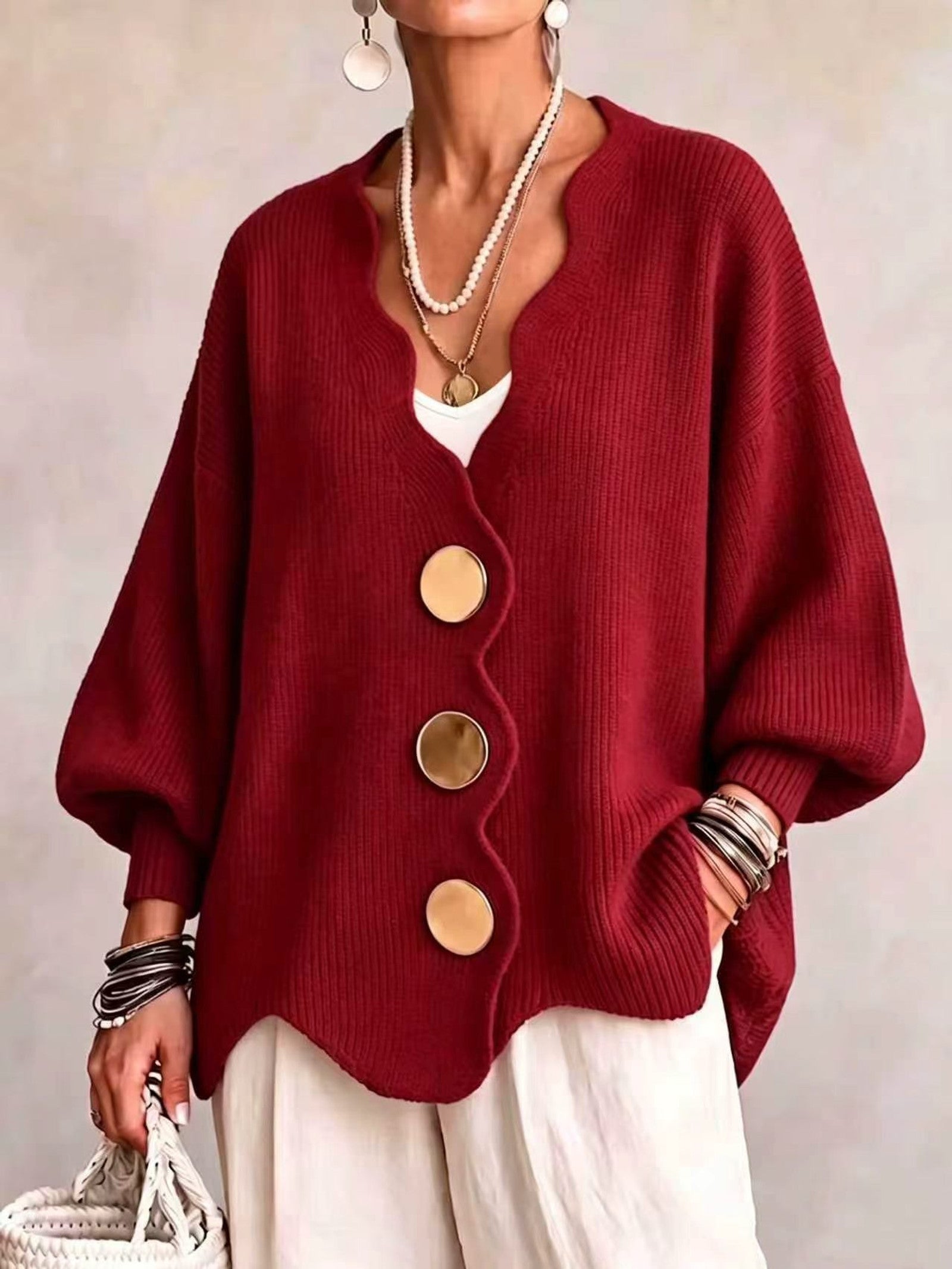 Cardigan a Maglia Ondulata Oro