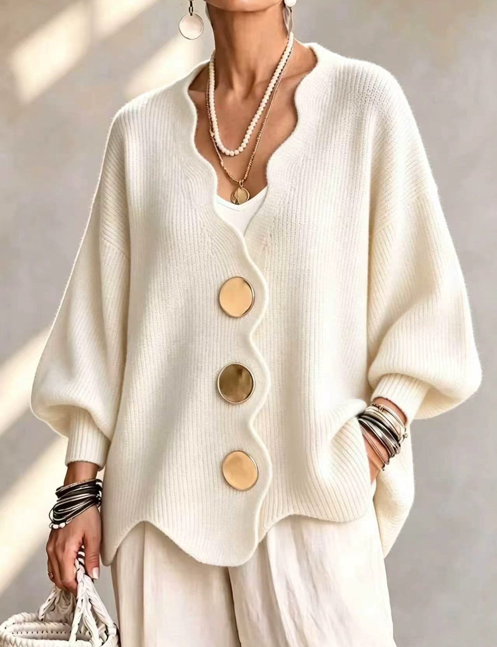 Cardigan a Maglia Ondulata Oro