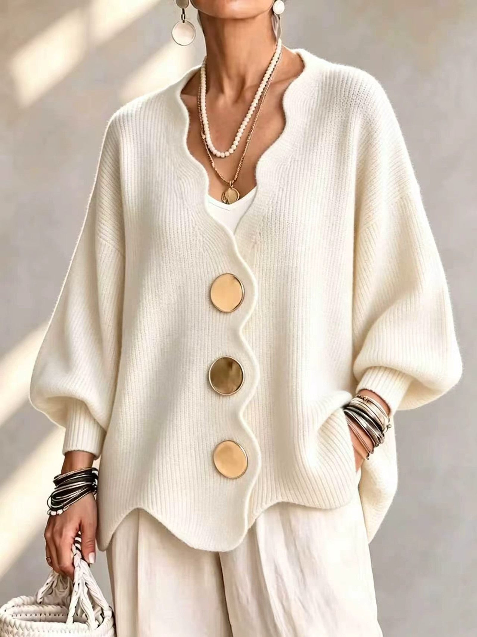 Cardigan a Maglia Ondulata Oro