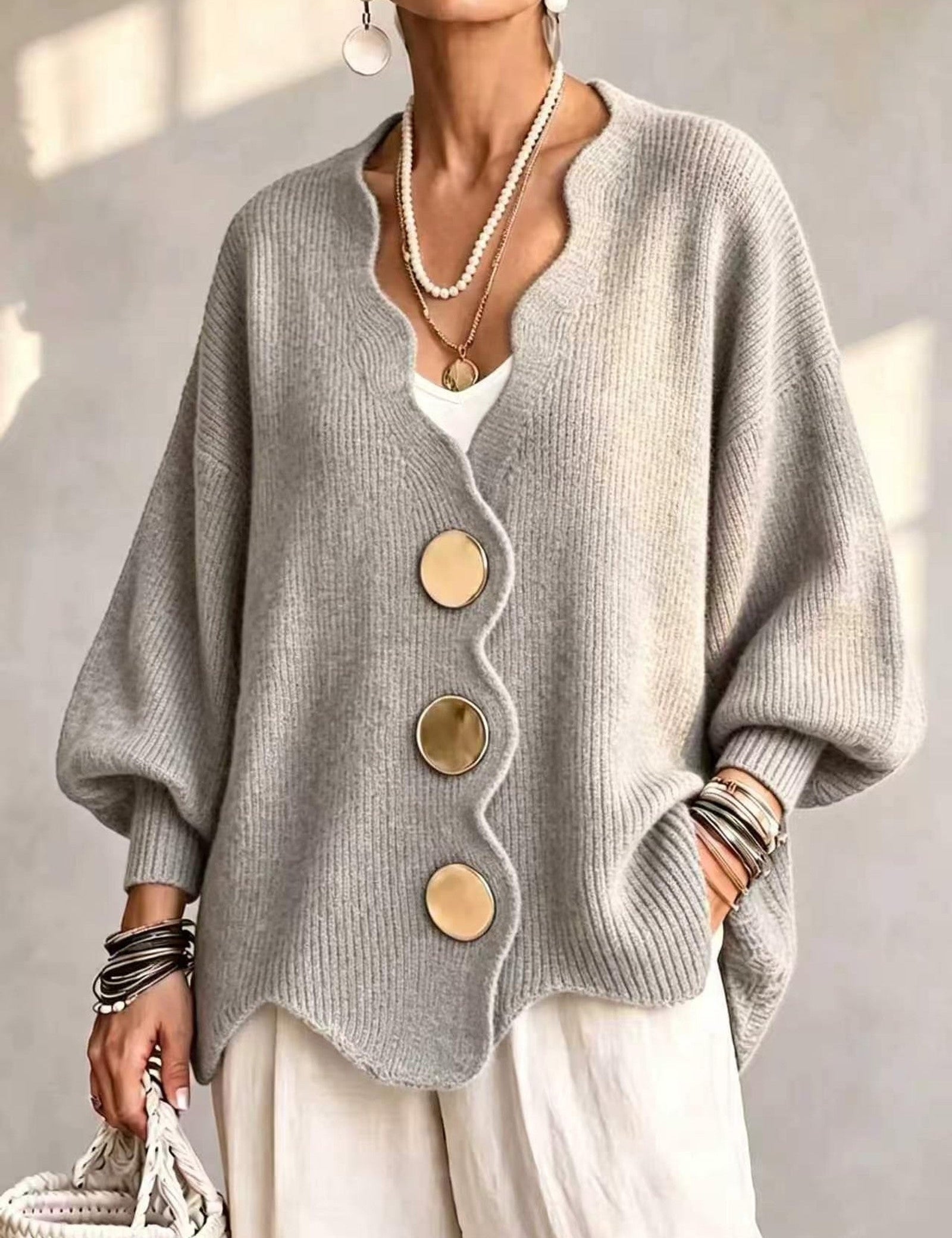 Cardigan a Maglia Ondulata Oro