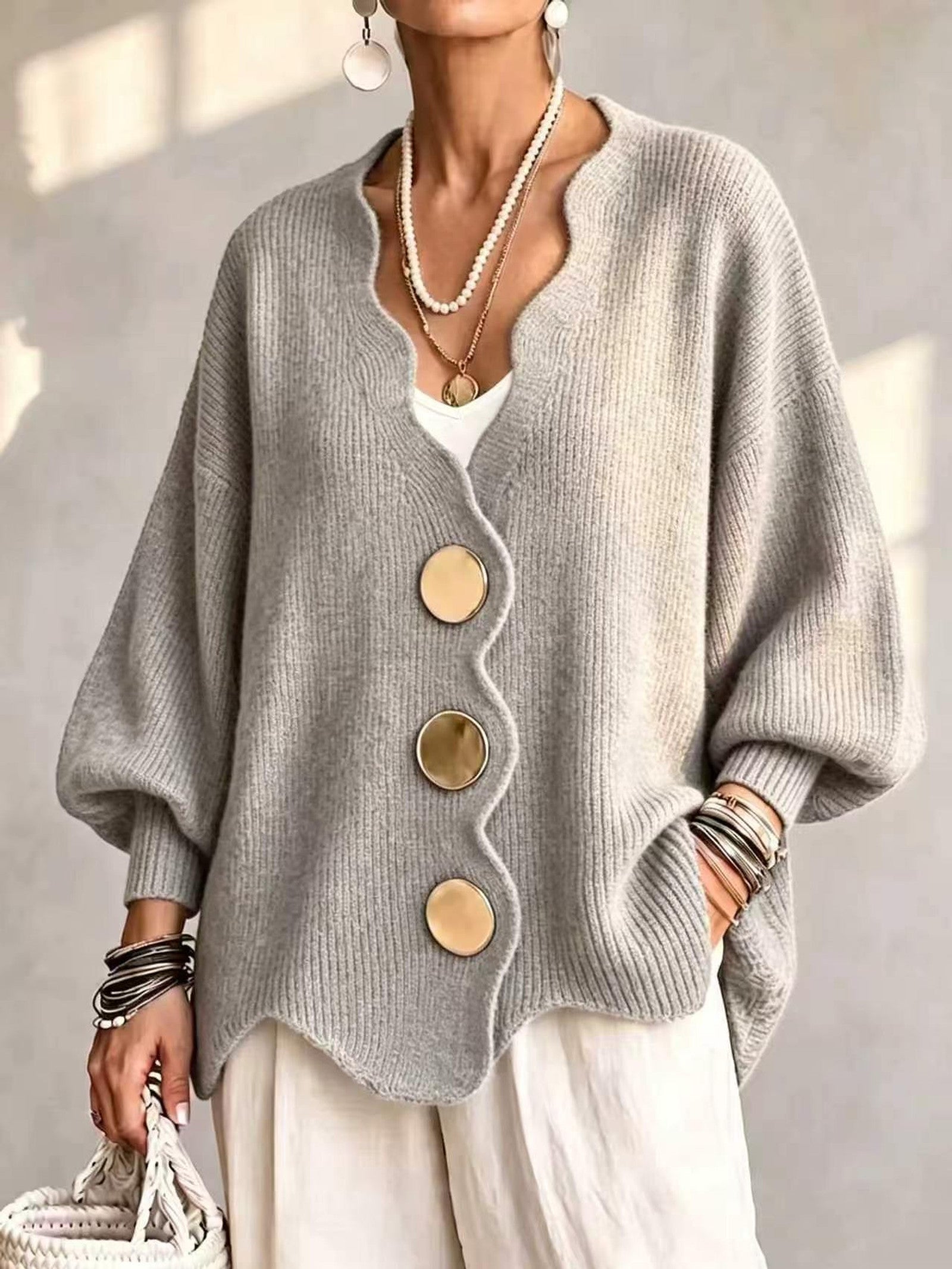 Cardigan a Maglia Ondulata Oro