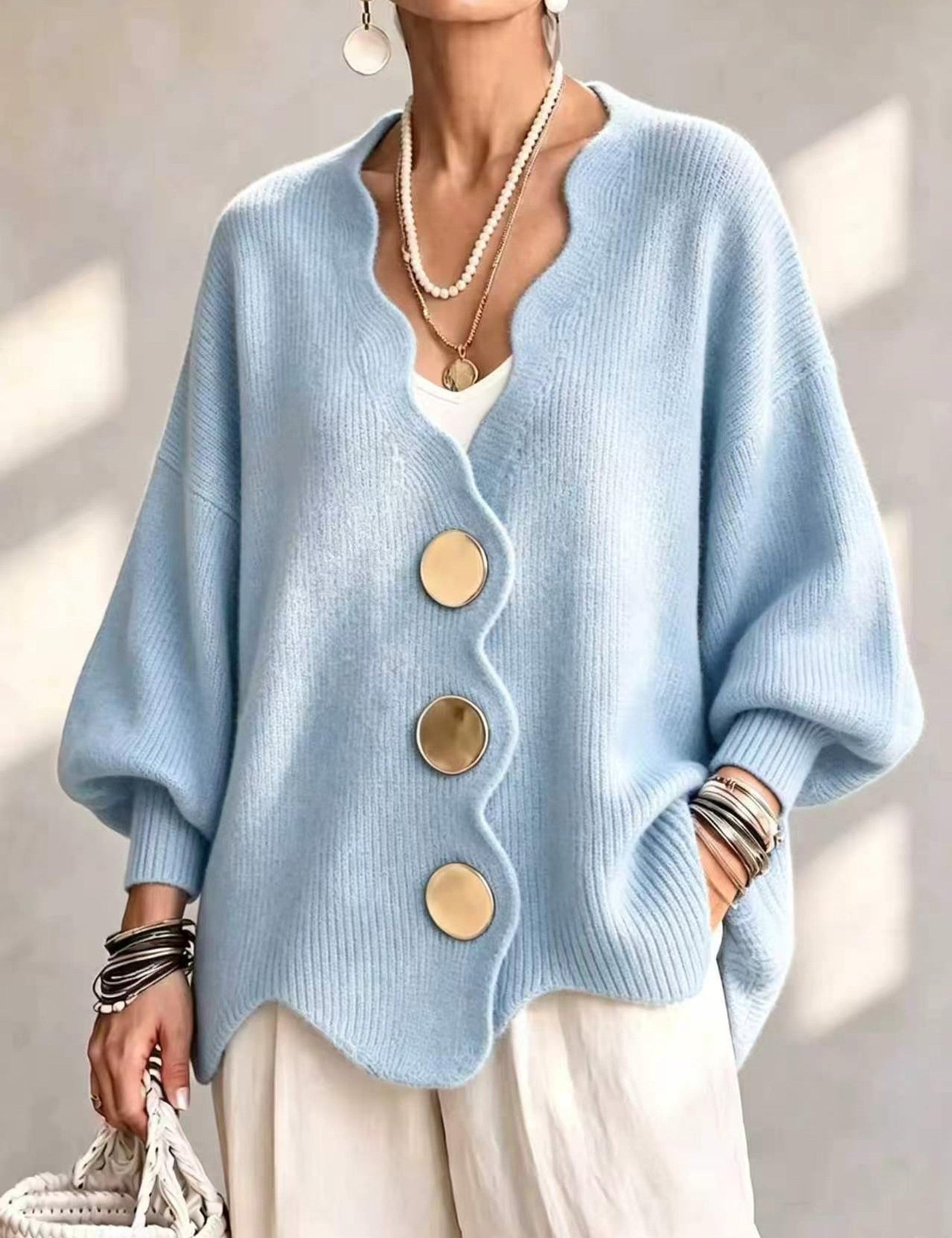 Cardigan a Maglia Ondulata Oro
