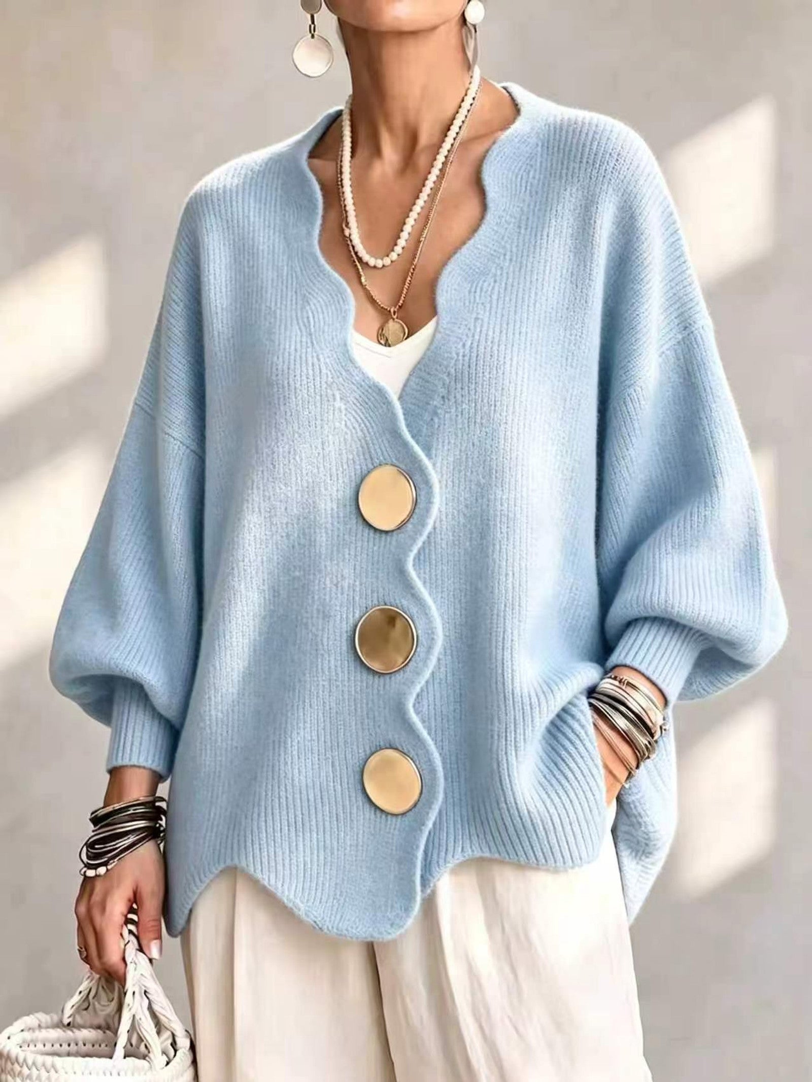 Cardigan a Maglia Ondulata Oro