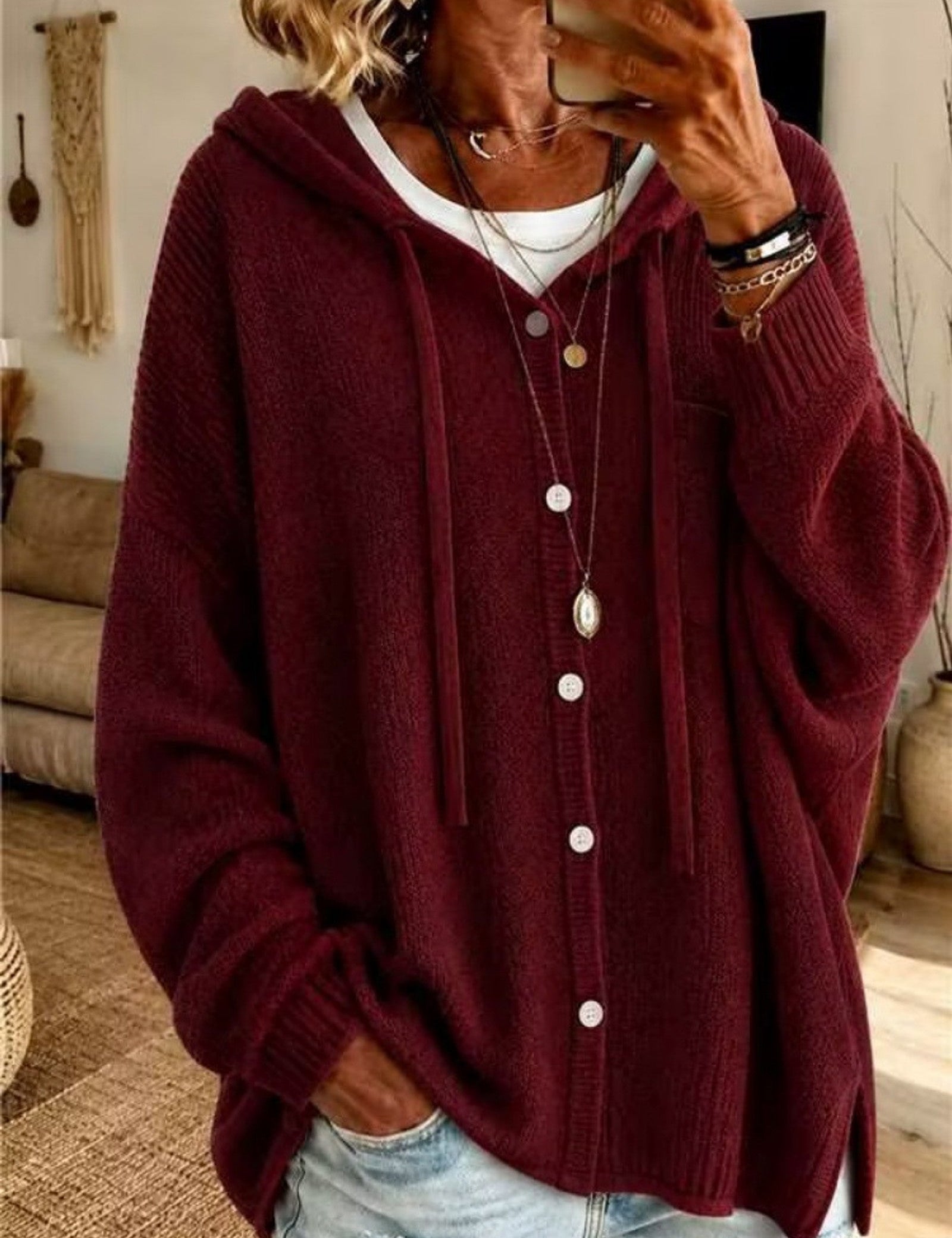Cardigan con cappuccio e bottoni a coulisse
