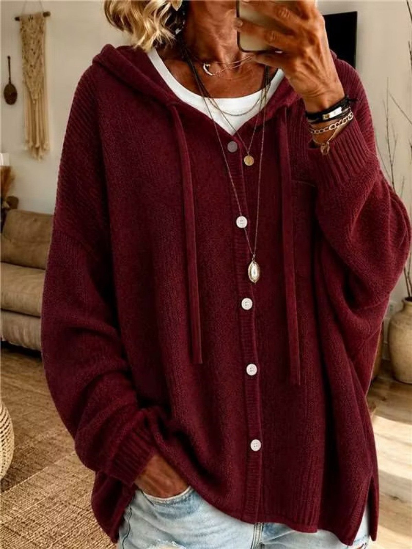 Cardigan con cappuccio e bottoni a coulisse