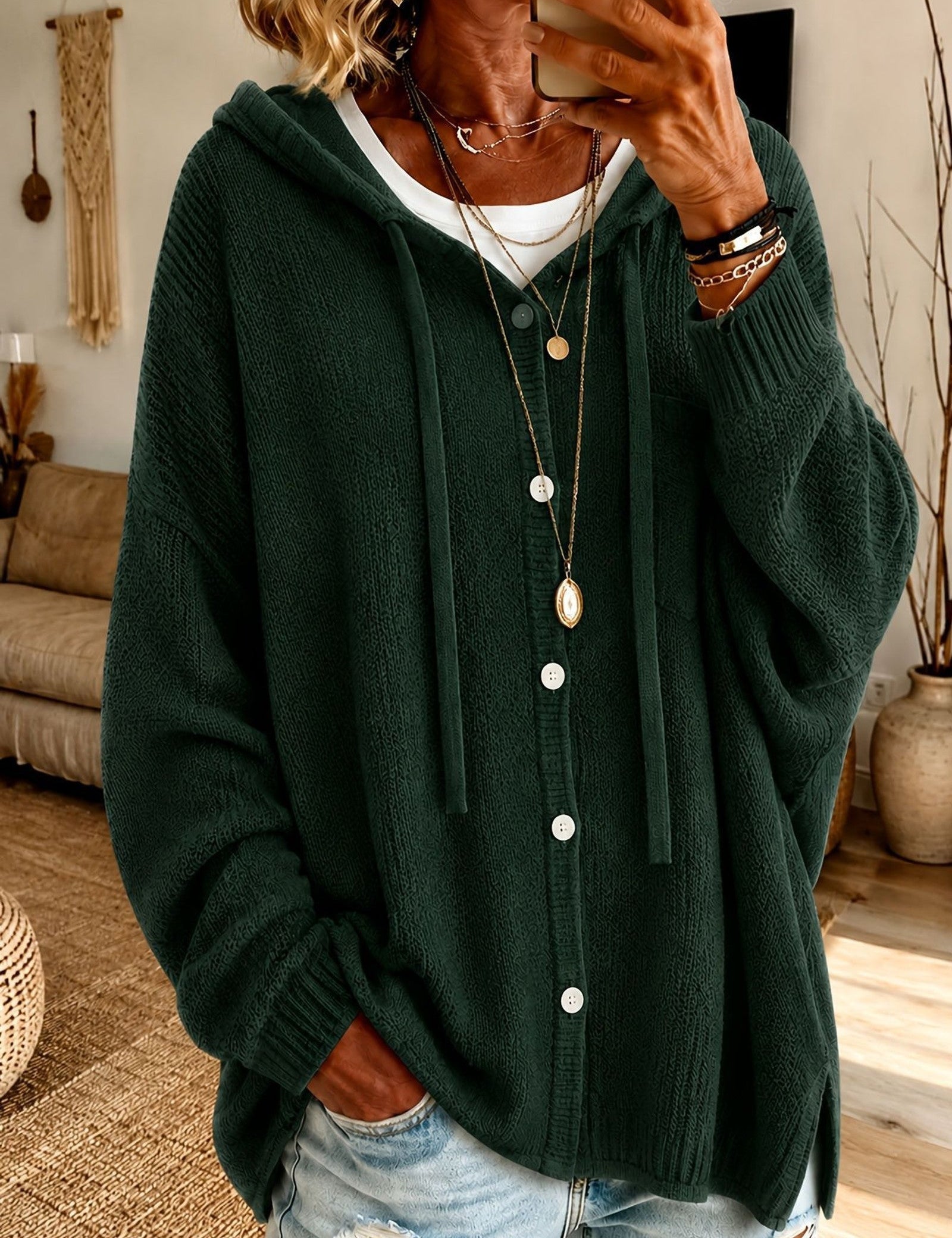 Cardigan con cappuccio e bottoni a coulisse
