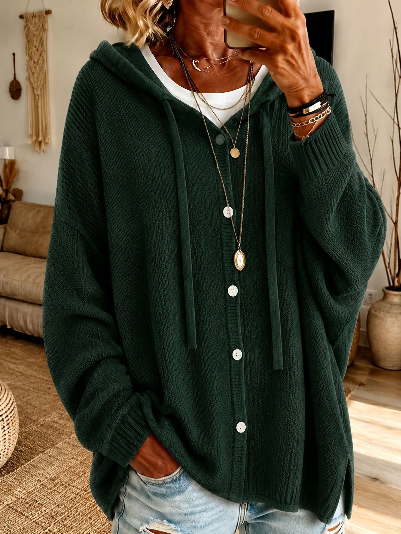 Cardigan con cappuccio e bottoni a coulisse