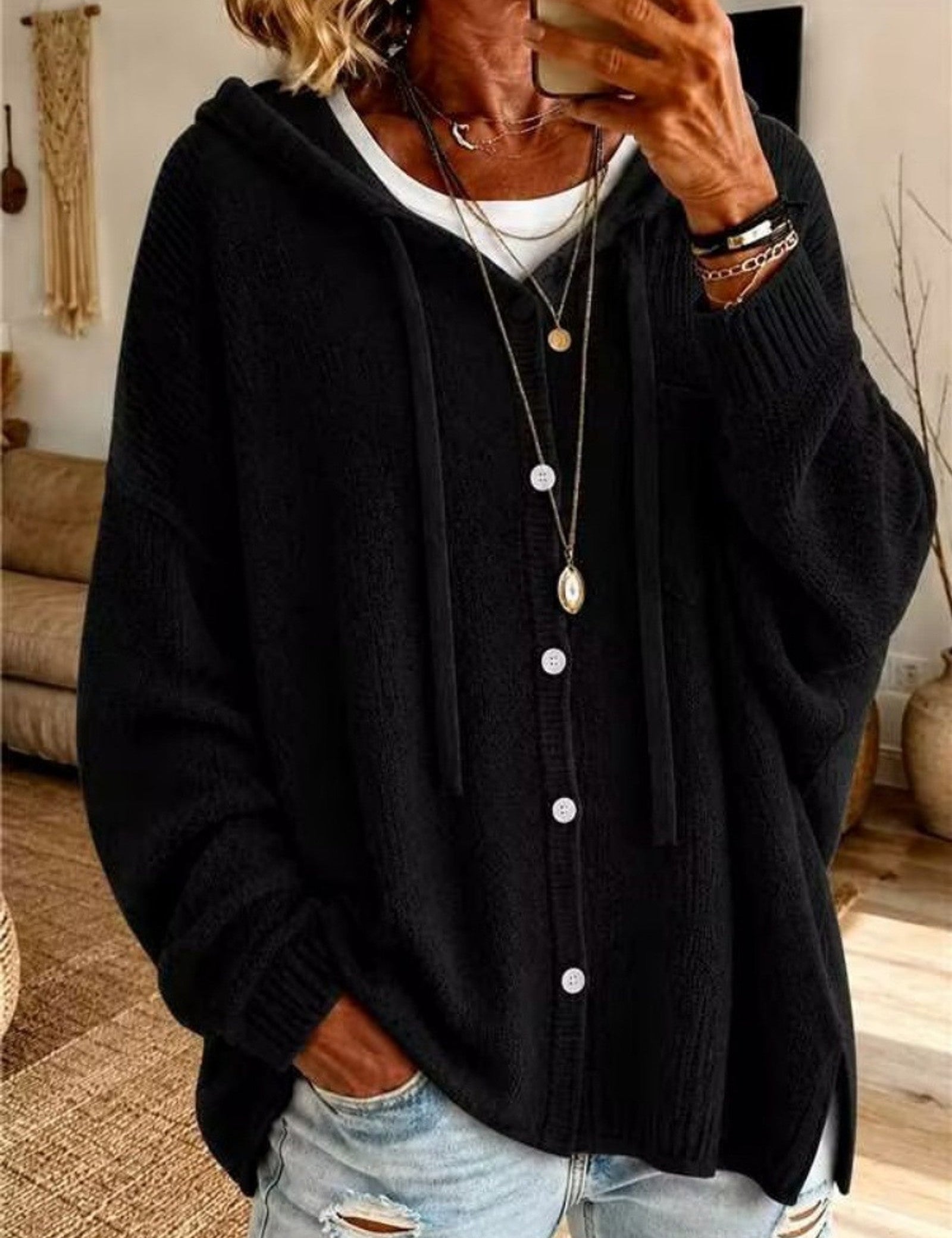 Cardigan con cappuccio e bottoni a coulisse