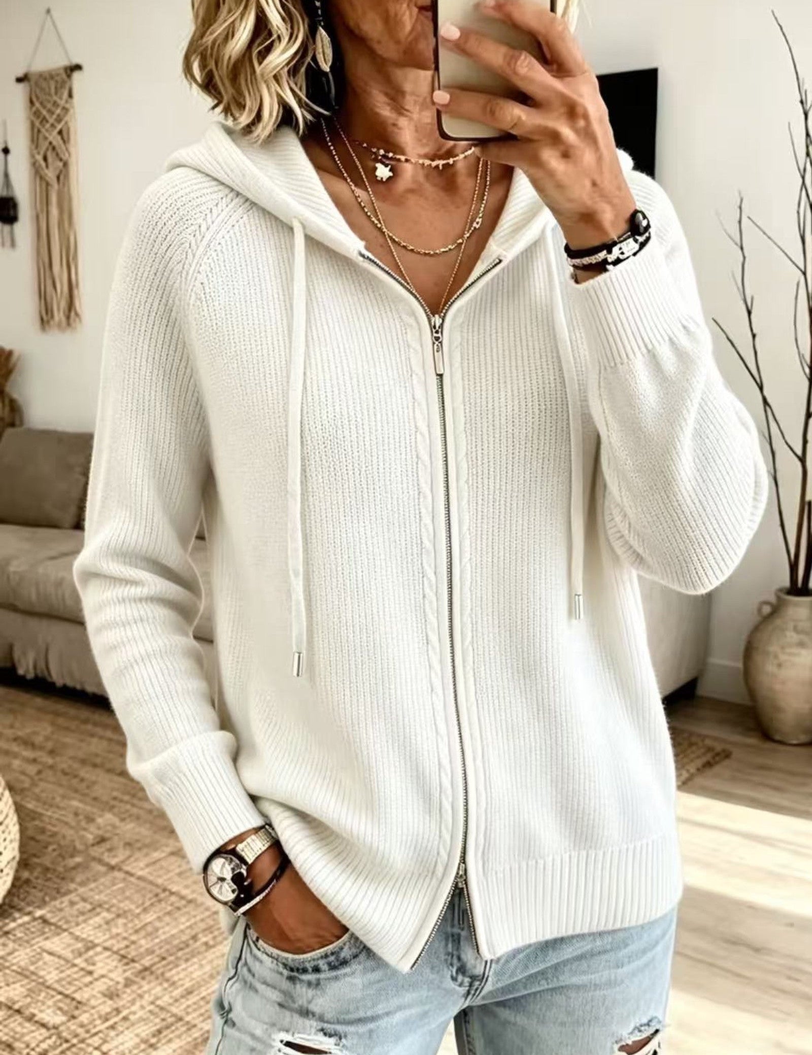 Cardigan con Cappuccio e Zip