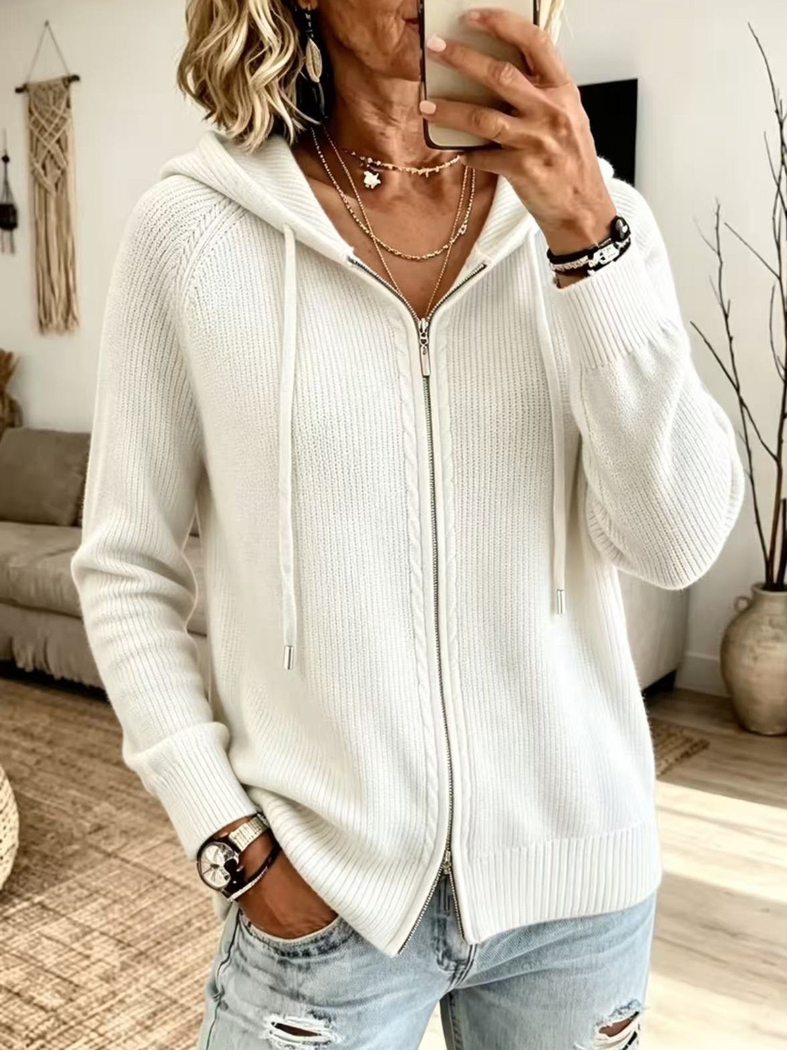 Cardigan con Cappuccio e Zip