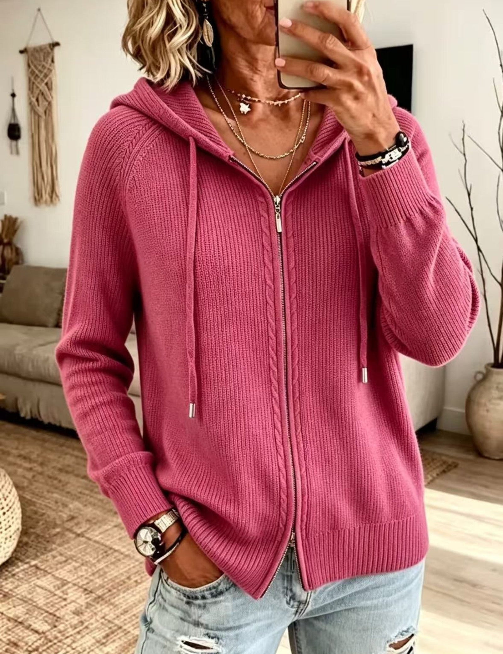 Cardigan con Cappuccio e Zip