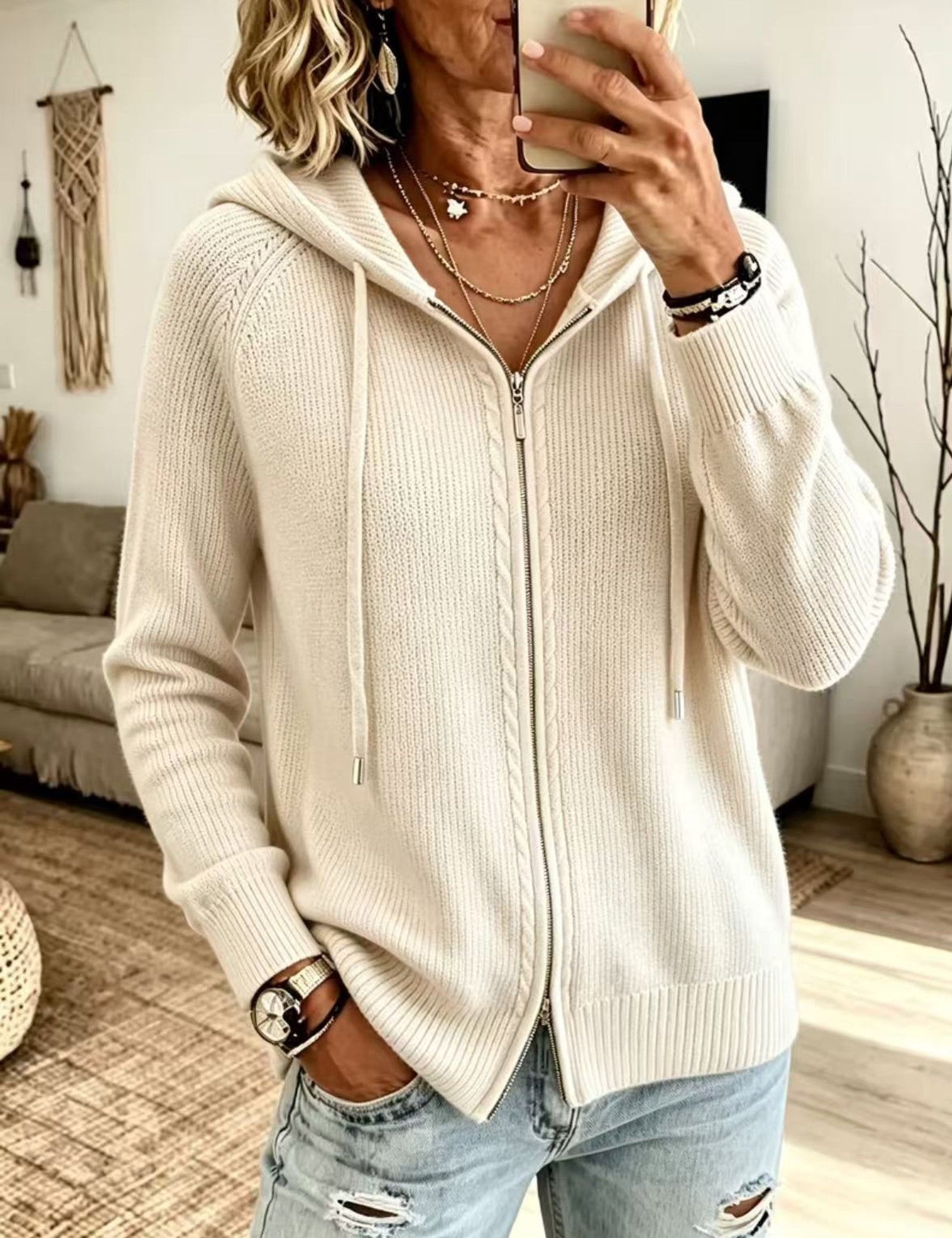 Cardigan con Cappuccio e Zip