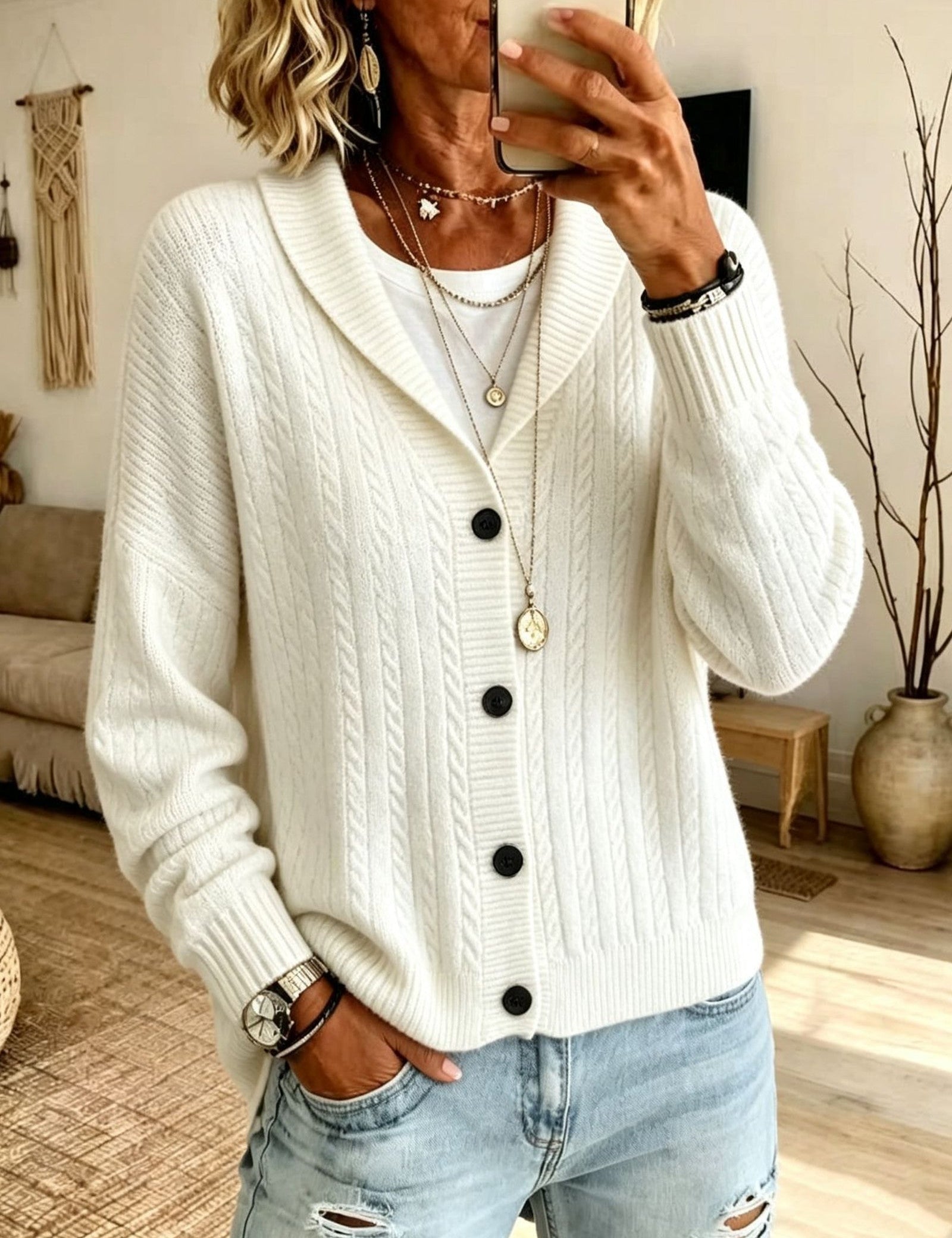 Cardigan con Collo a Sciarpa in Maglia Cable