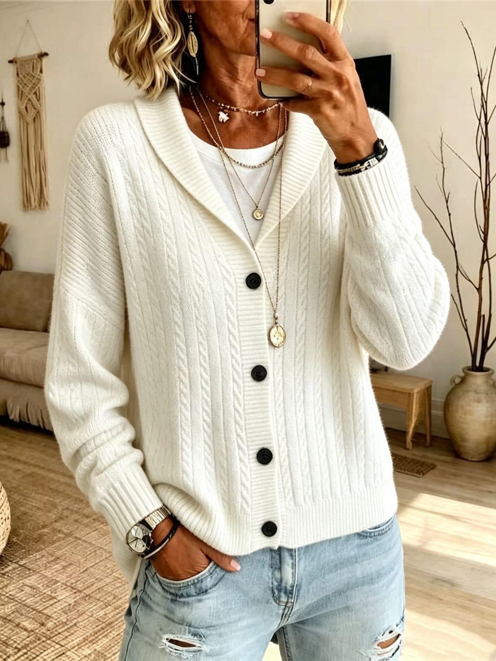 Cardigan con Collo a Sciarpa in Maglia Cable