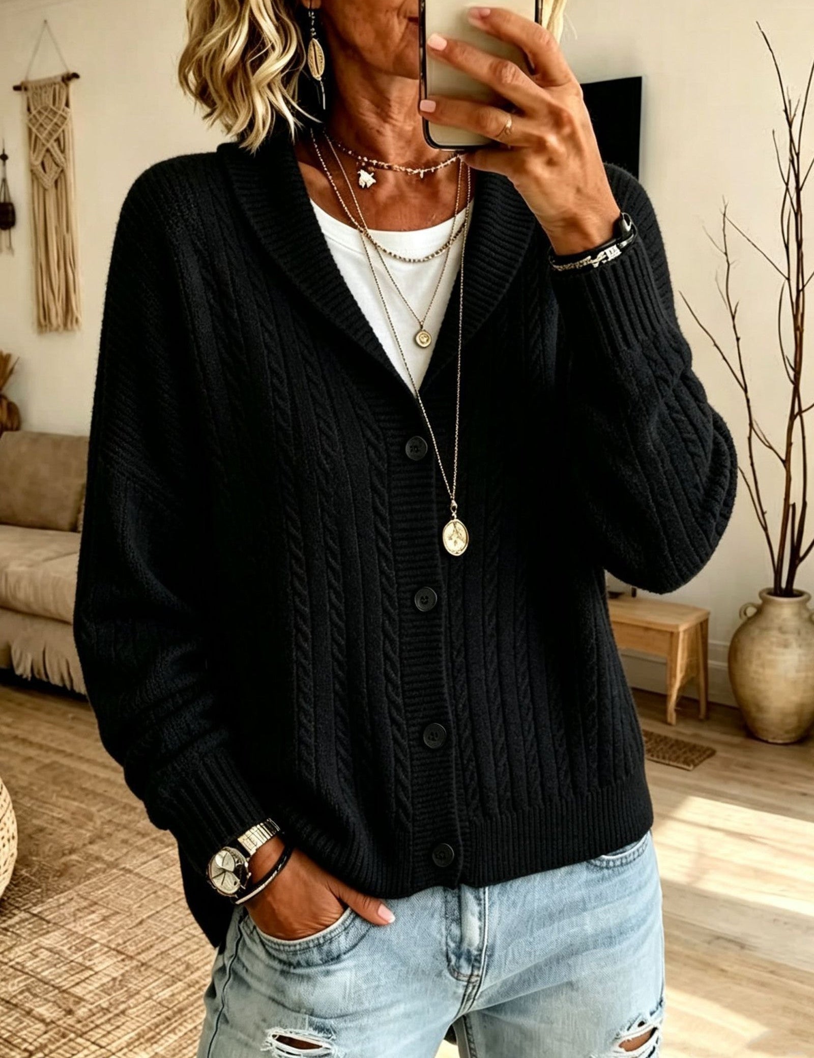 Cardigan con Collo a Sciarpa in Maglia Cable