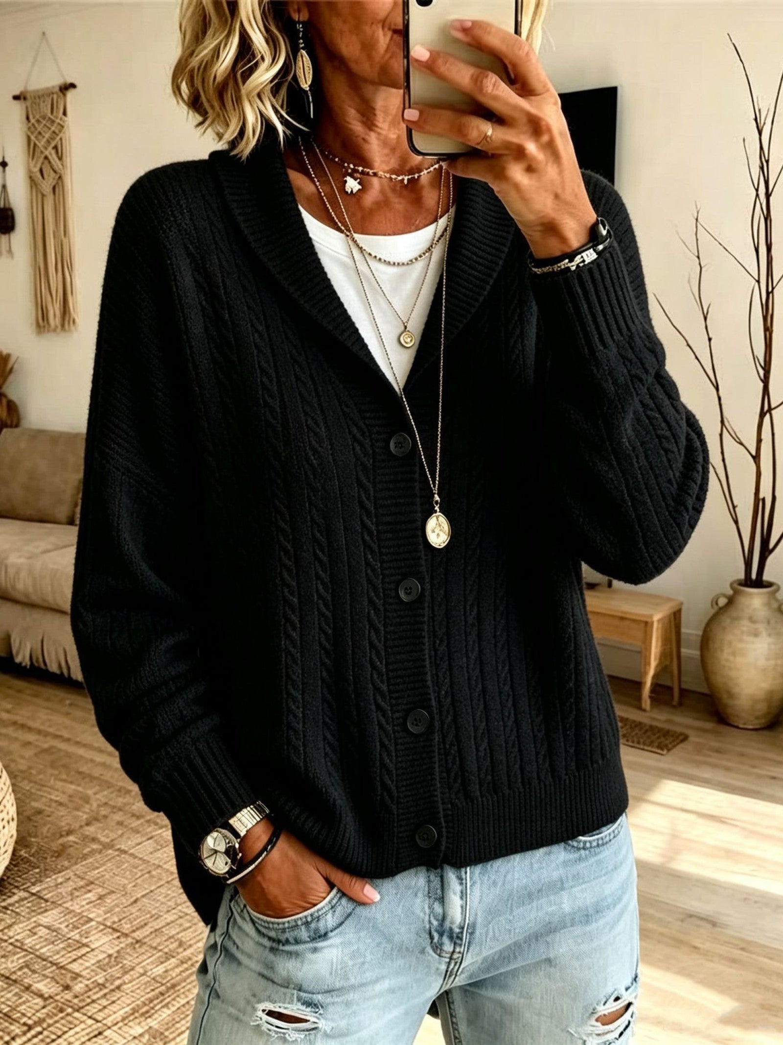 Cardigan con Collo a Sciarpa in Maglia Cable