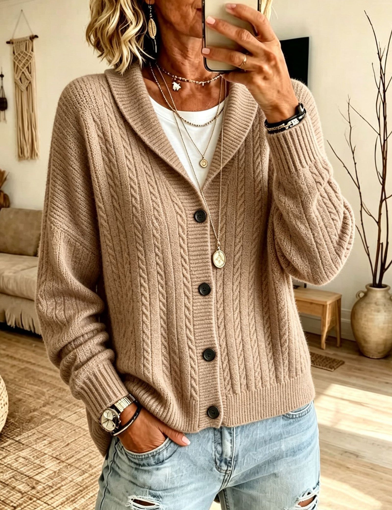 Cardigan con Collo a Sciarpa in Maglia Cable