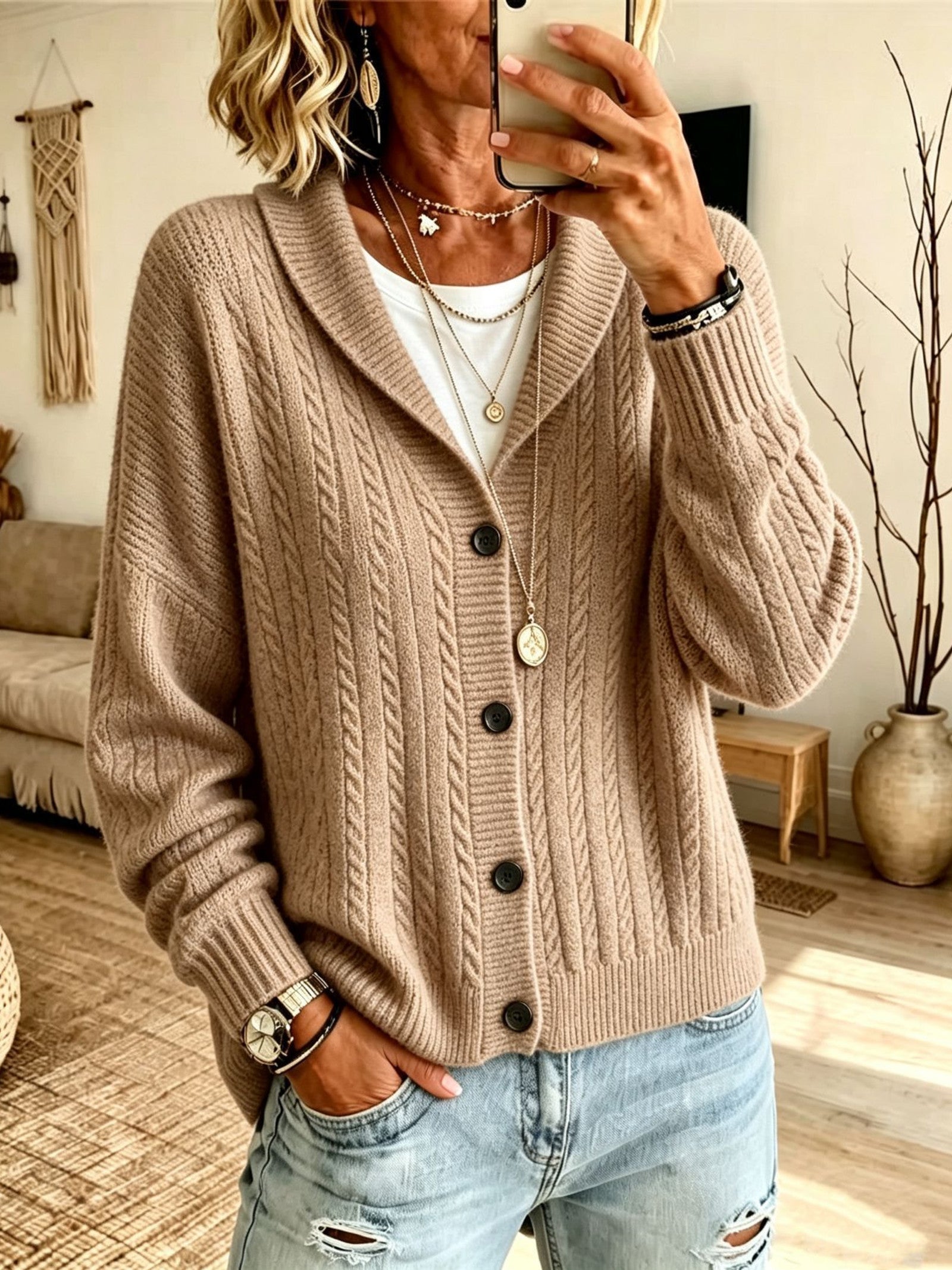 Cardigan con Collo a Sciarpa in Maglia Cable
