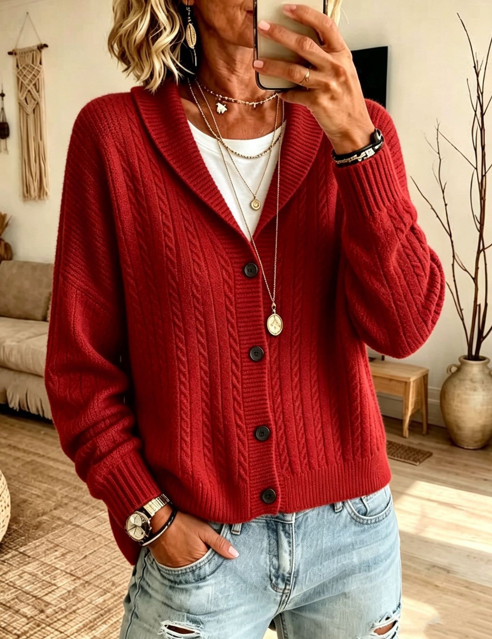 Cardigan con Collo a Sciarpa in Maglia Cable