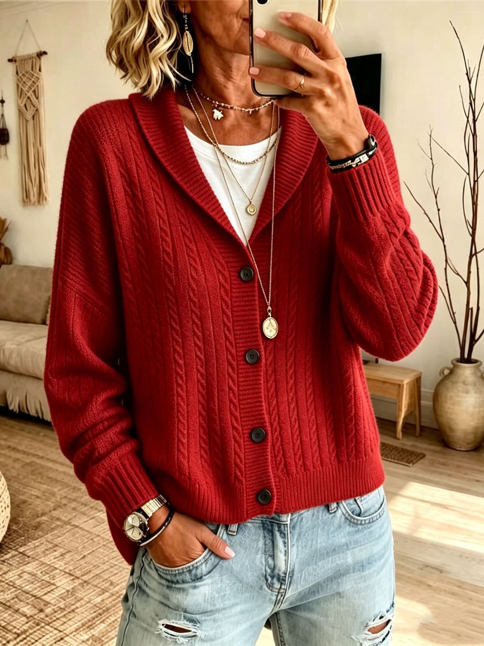 Cardigan con Collo a Sciarpa in Maglia Cable
