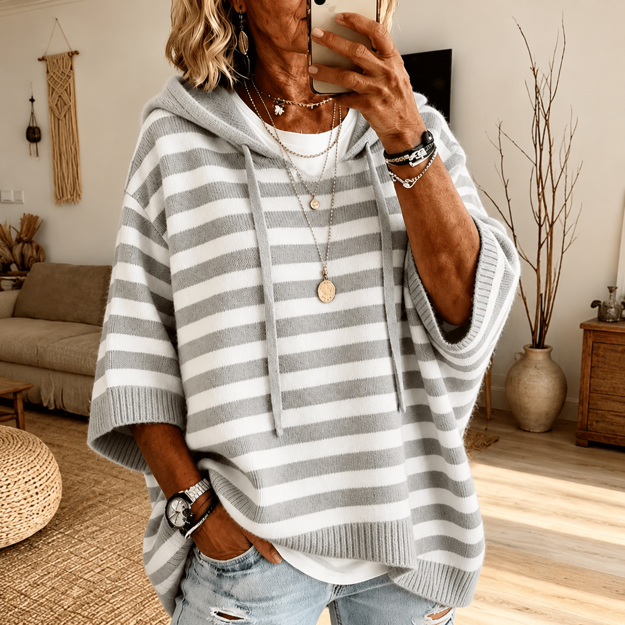 Céline | Poncho in Maglia Rayé Grigio