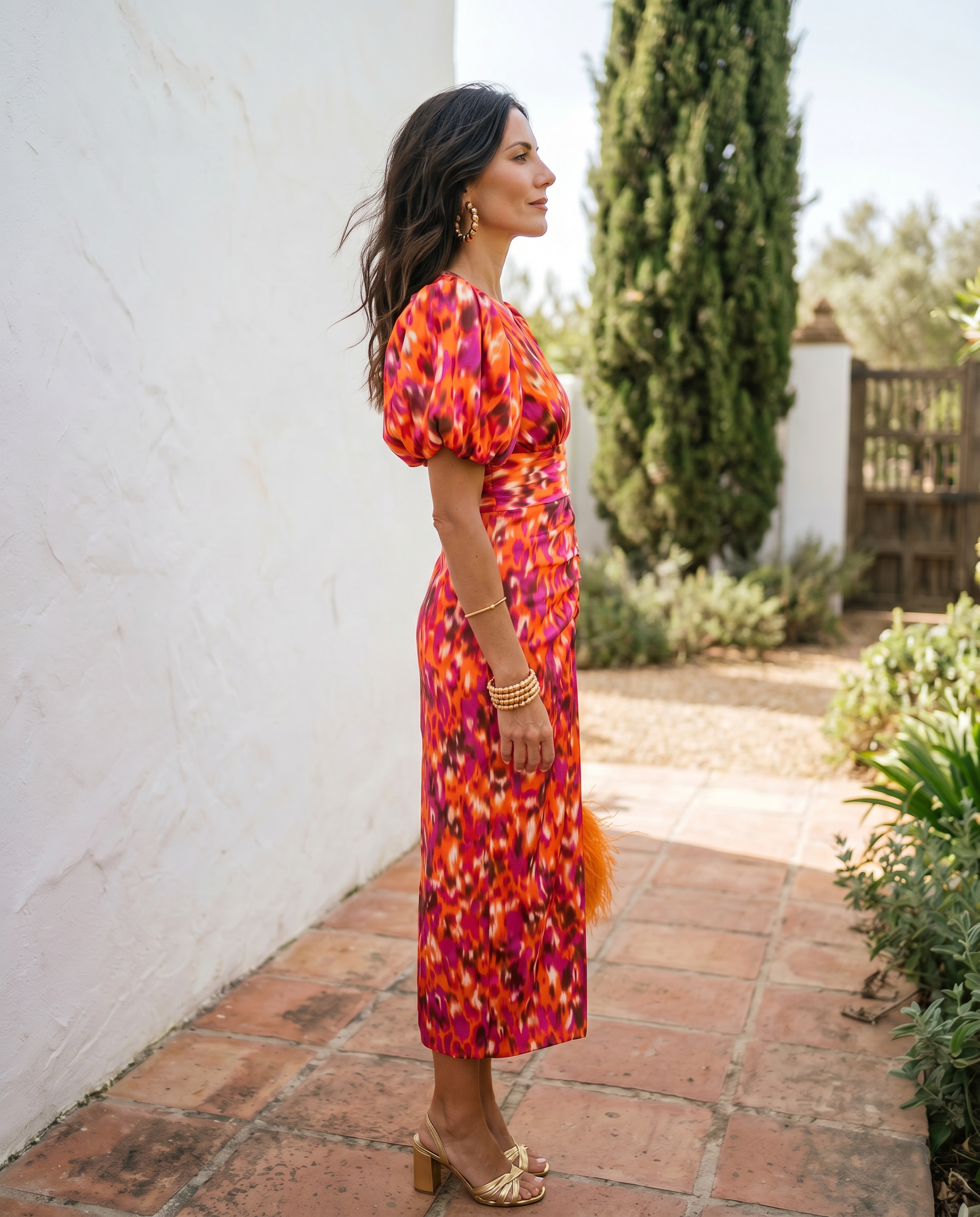 Clarissa – Abito Midi Floreale con Maniche a Sbuffo