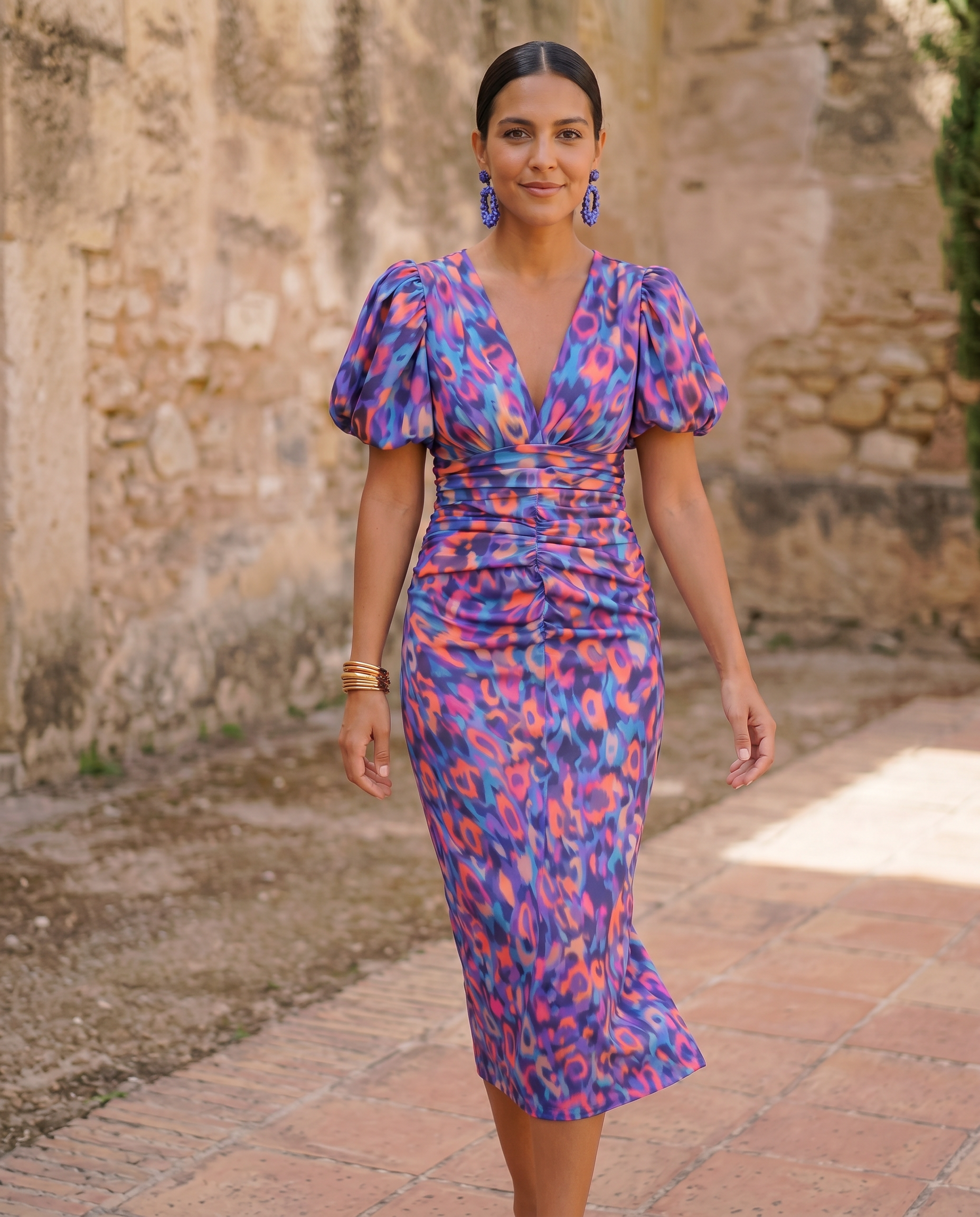Clarissa – Abito Midi Floreale con Maniche a Sbuffo