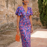 Clarissa – Abito Midi Floreale con Maniche a Sbuffo