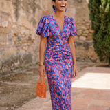 Clarissa – Abito Midi Floreale con Maniche a Sbuffo