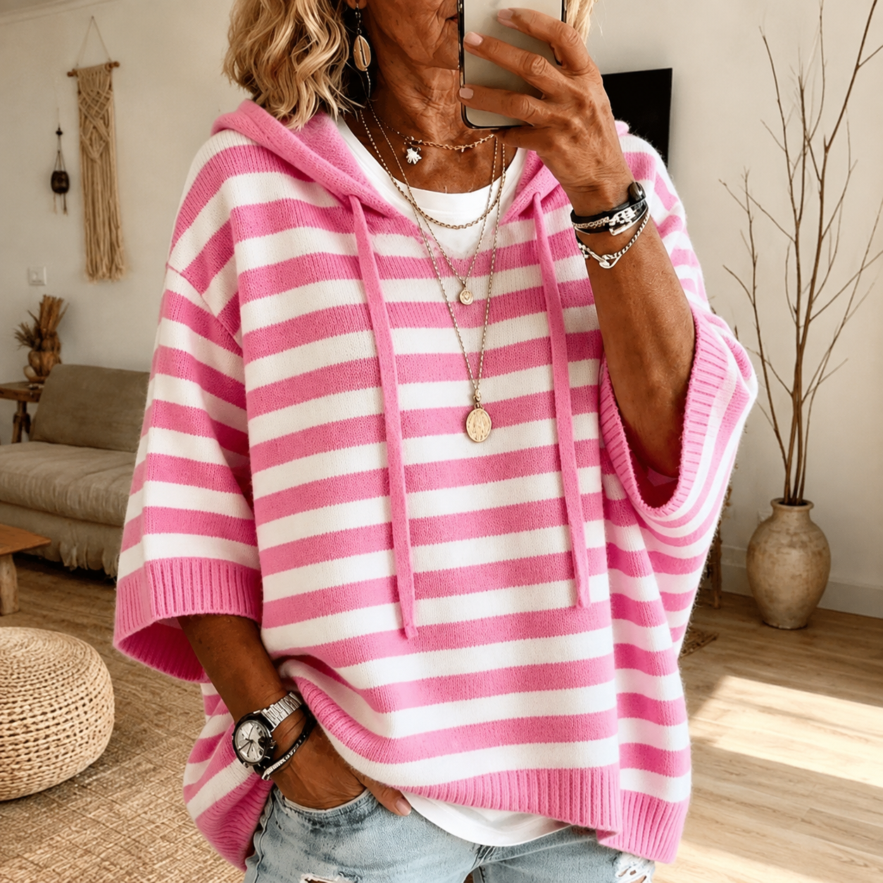 Émilie | Pull Poncho Rayé Rosa