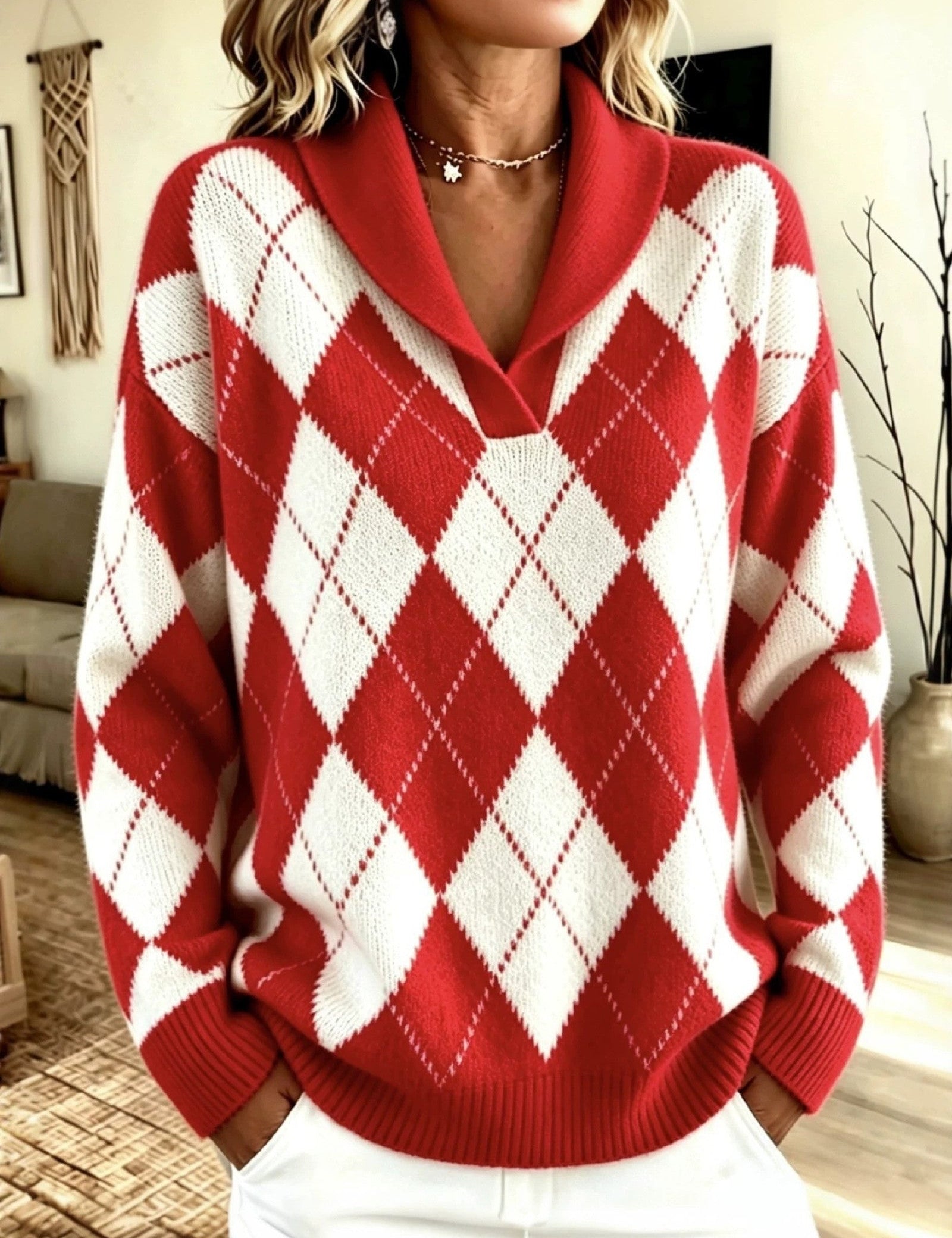Maglione a Collo Sciolto con Motivo Argyle