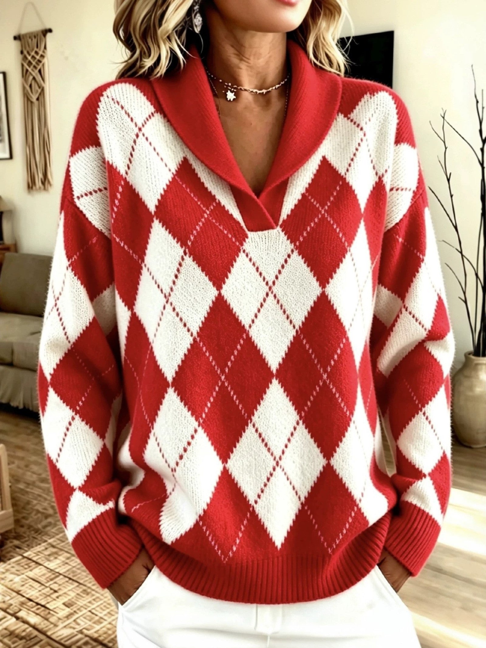 Maglione a Collo Sciolto con Motivo Argyle