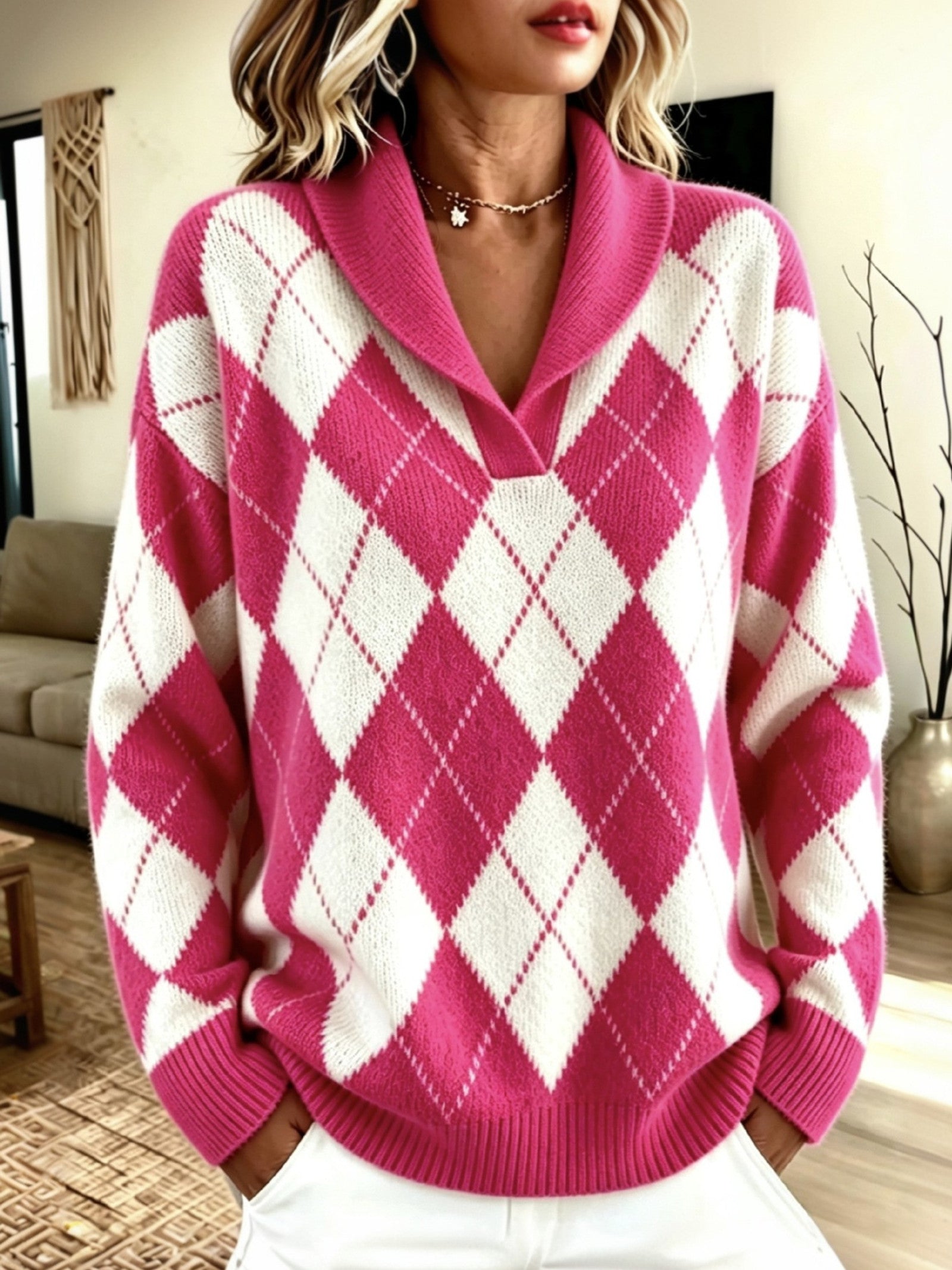 Maglione a Collo Sciolto con Motivo Argyle