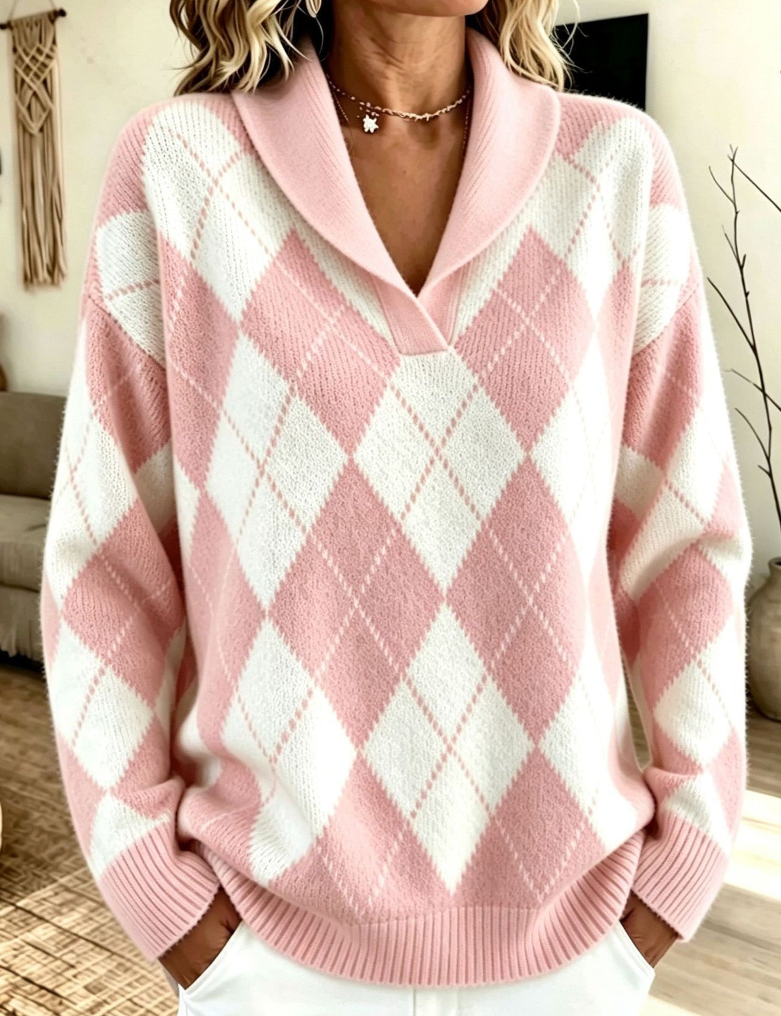 Maglione a Collo Sciolto con Motivo Argyle