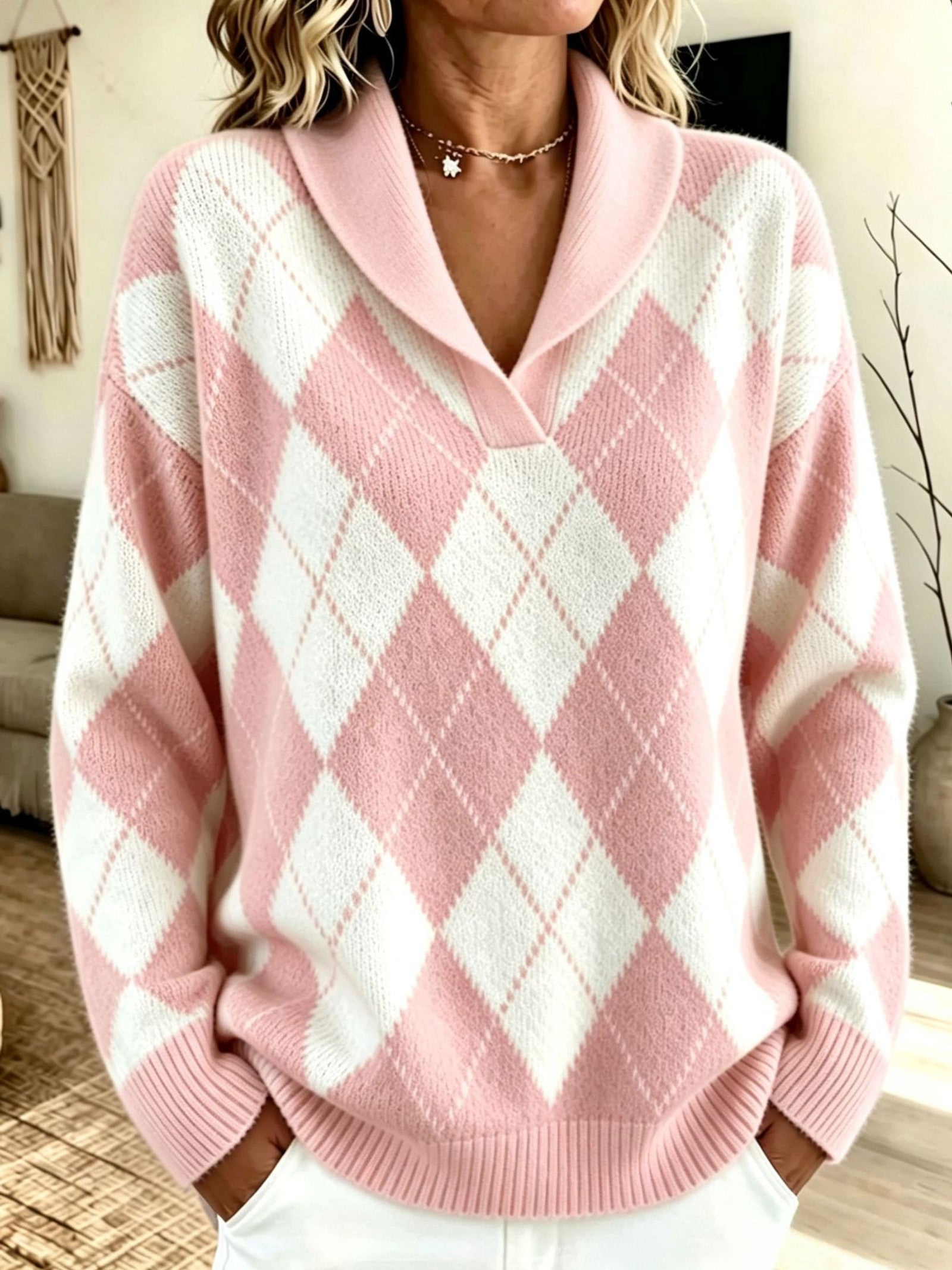 Maglione a Collo Sciolto con Motivo Argyle