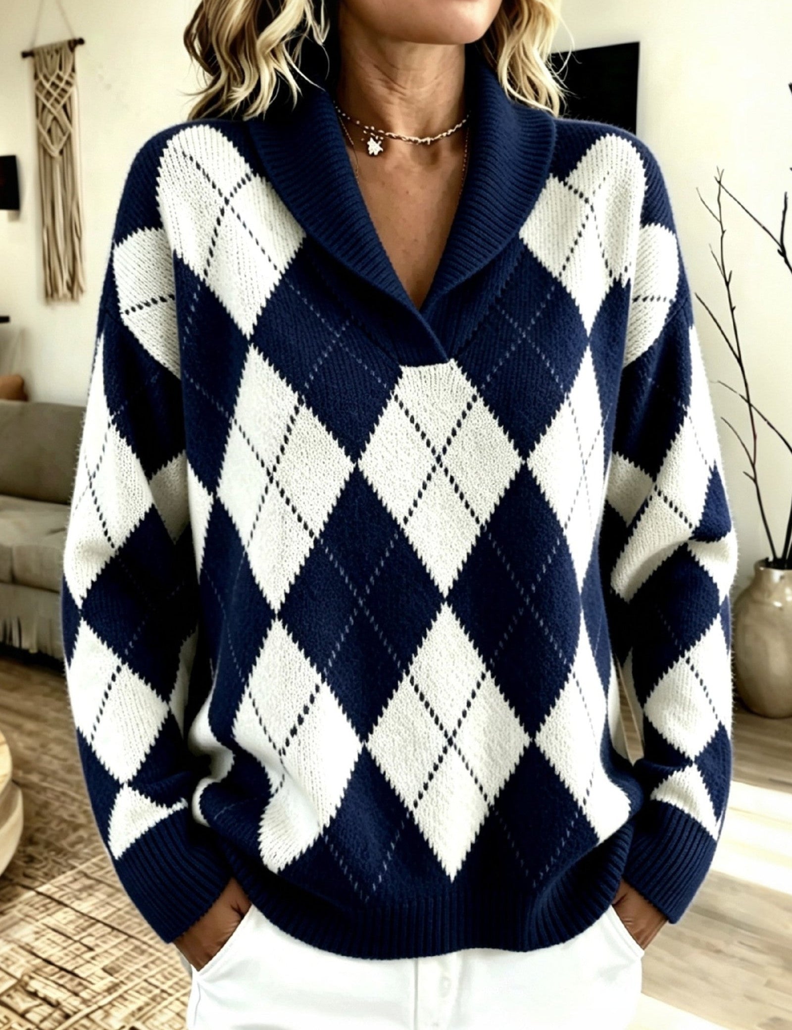 Maglione a Collo Sciolto con Motivo Argyle