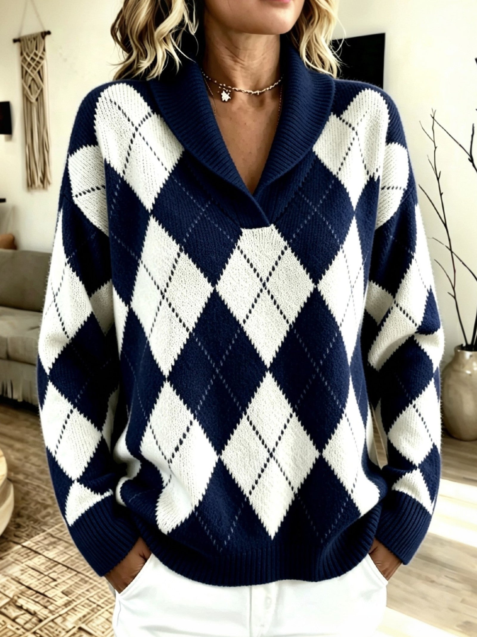Maglione a Collo Sciolto con Motivo Argyle