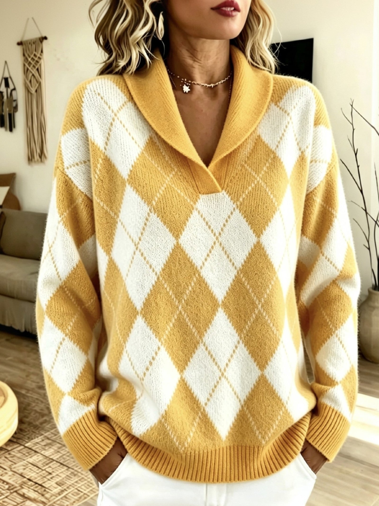 Maglione a Collo Sciolto con Motivo Argyle