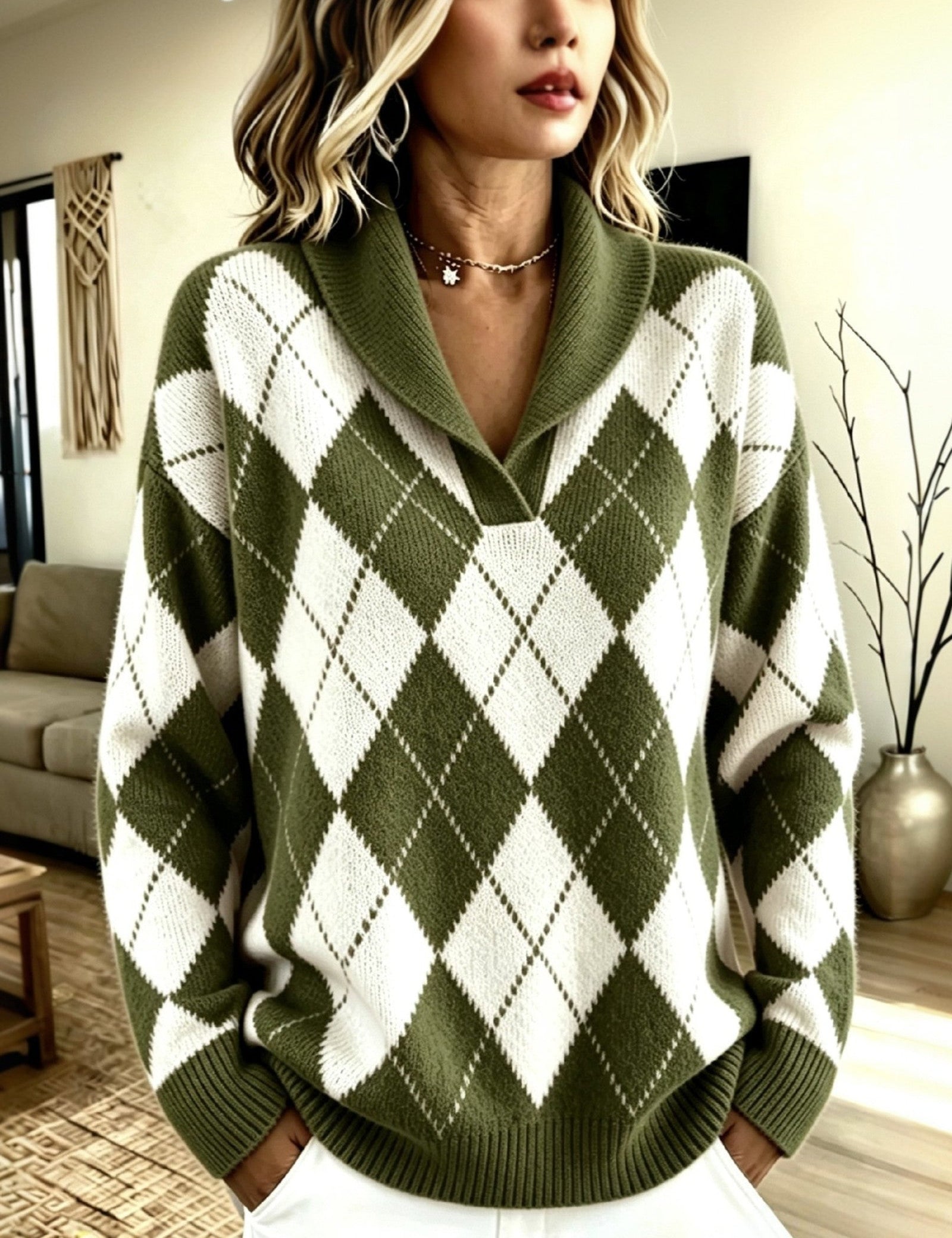 Maglione a Collo Sciolto con Motivo Argyle