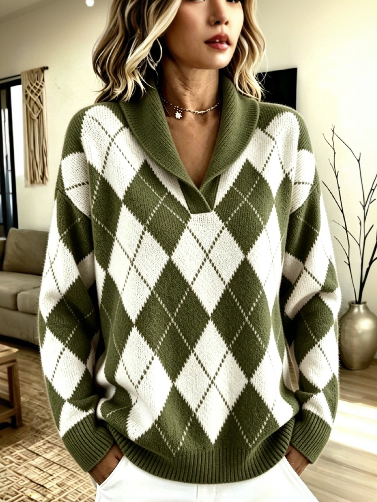 Maglione a Collo Sciolto con Motivo Argyle