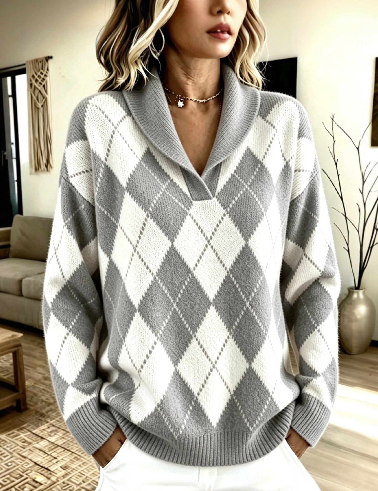 Maglione a Collo Sciolto con Motivo Argyle