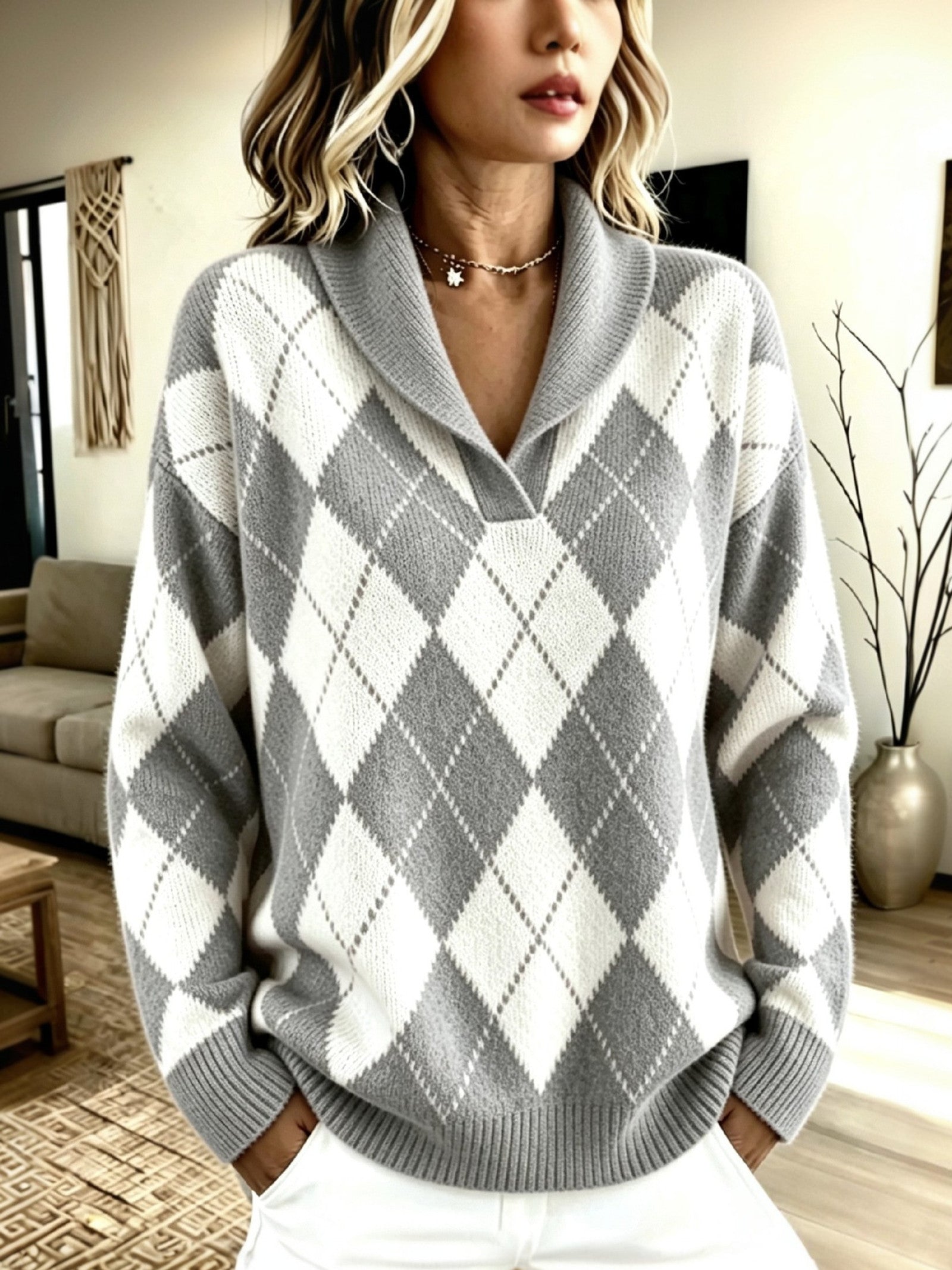 Maglione a Collo Sciolto con Motivo Argyle