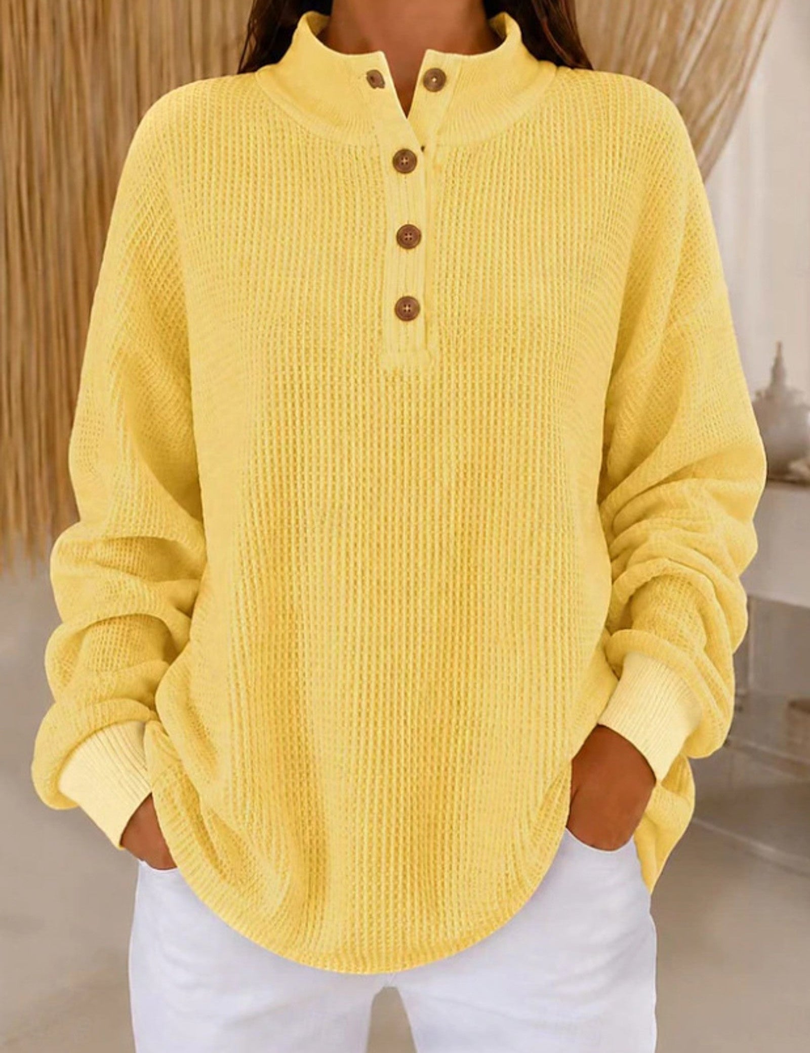 Maglione a maglia waffle con colletto a bottoni