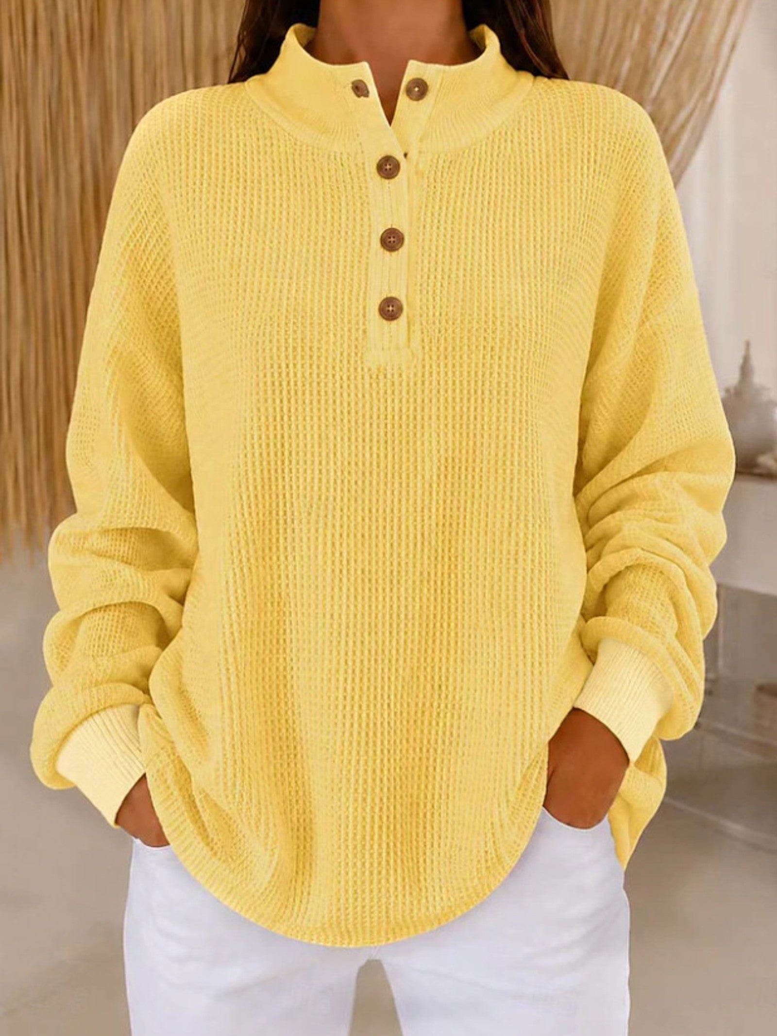Maglione a maglia waffle con colletto a bottoni