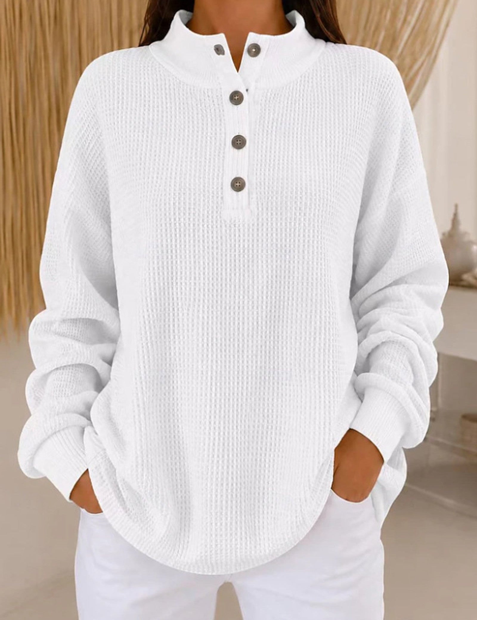Maglione a maglia waffle con colletto a bottoni