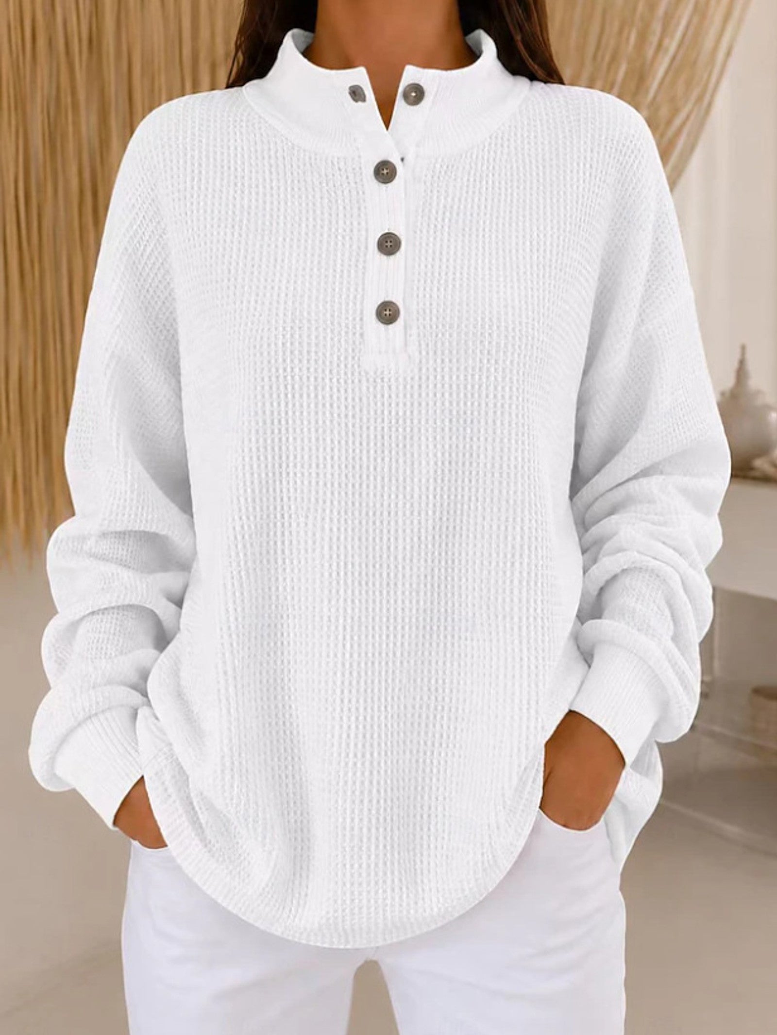 Maglione a maglia waffle con colletto a bottoni