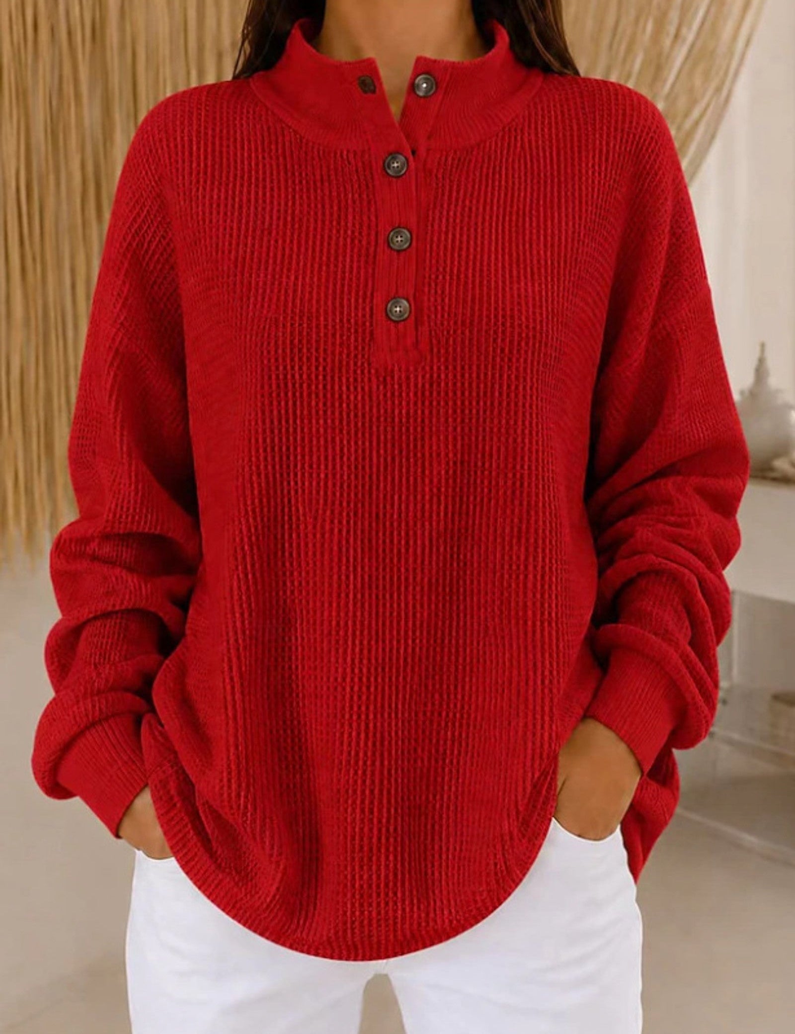Maglione a maglia waffle con colletto a bottoni