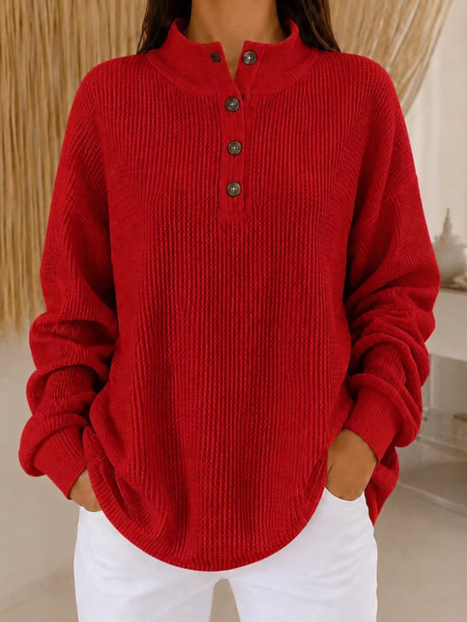 Maglione a maglia waffle con colletto a bottoni