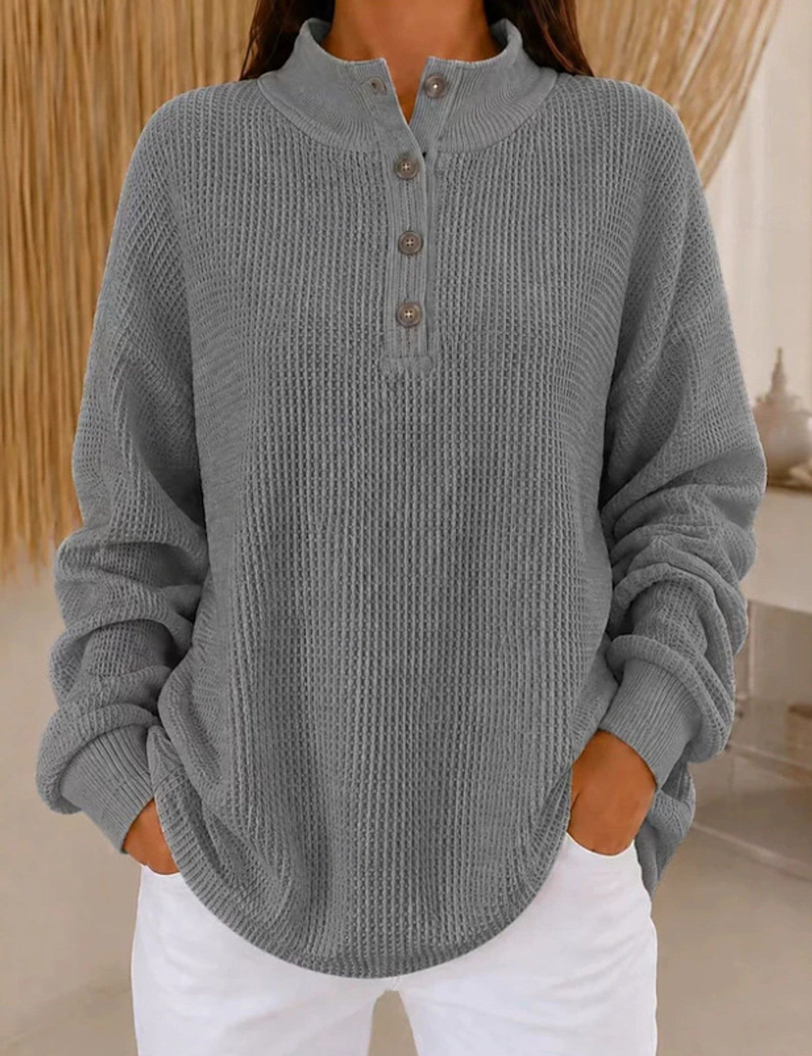 Maglione a maglia waffle con colletto a bottoni