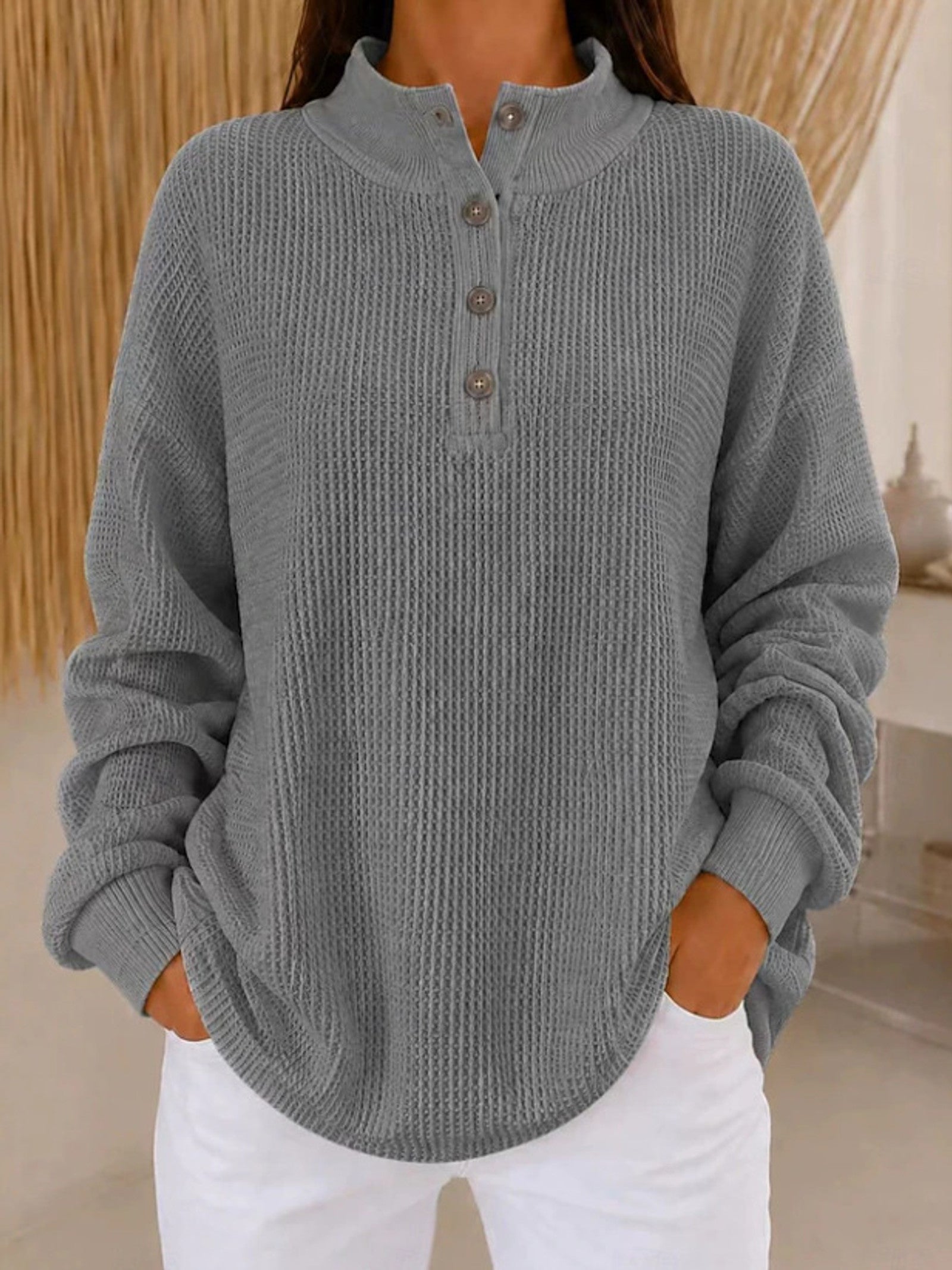 Maglione a maglia waffle con colletto a bottoni